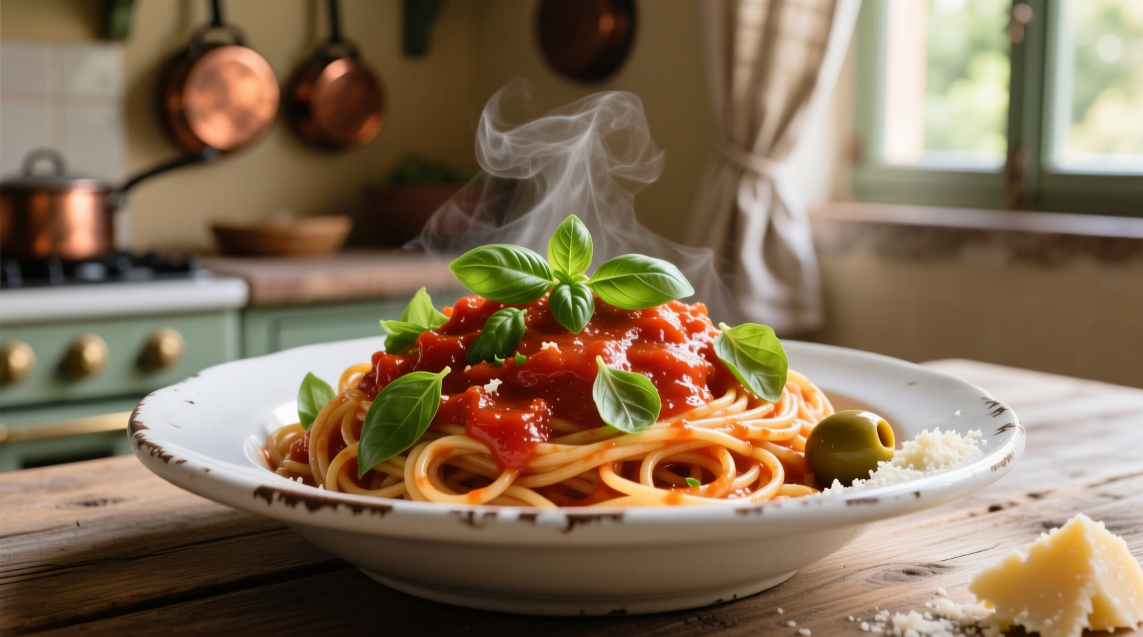 spaghetti with tomato sauce and basil