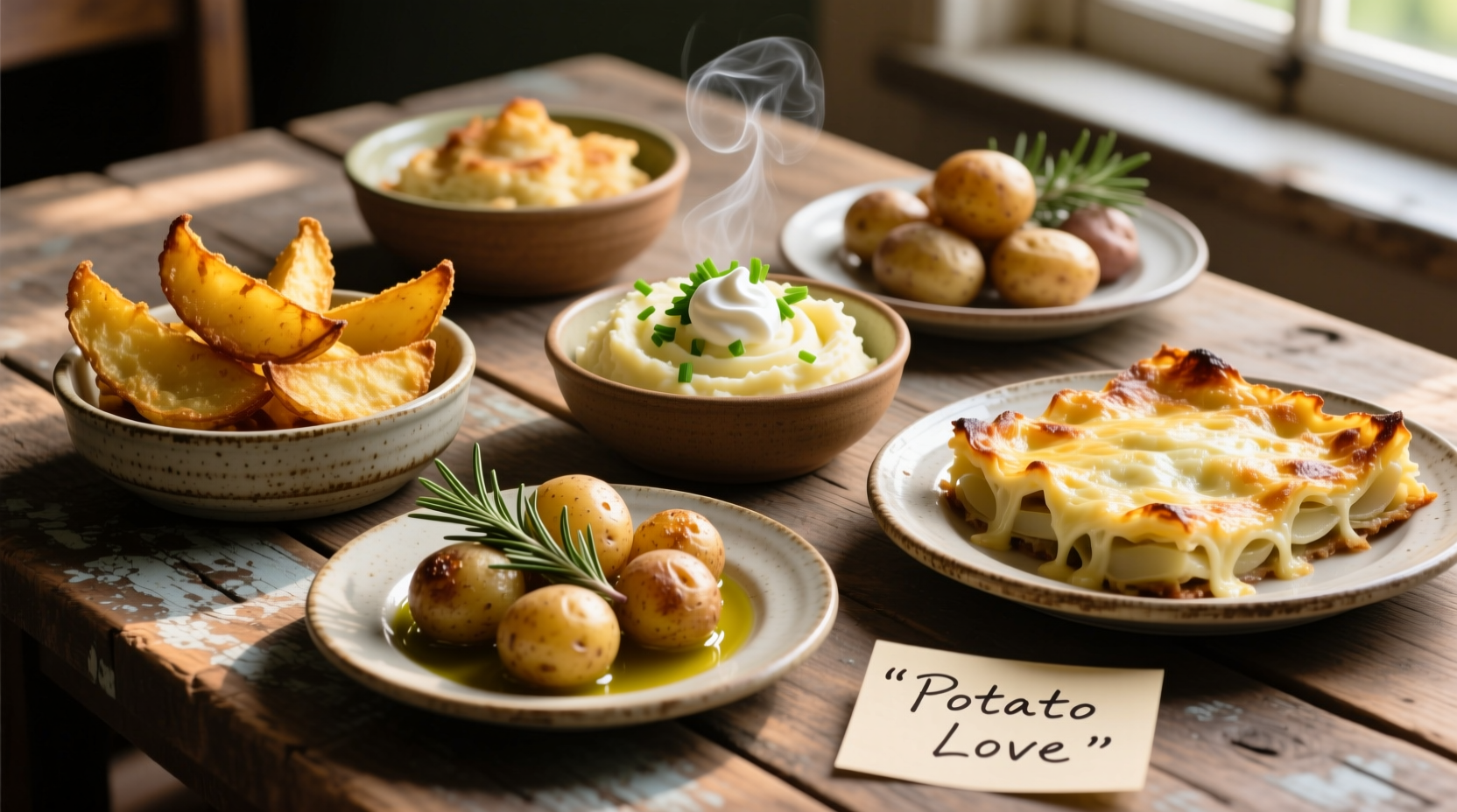 Variety of cooked potato preparations on wooden table