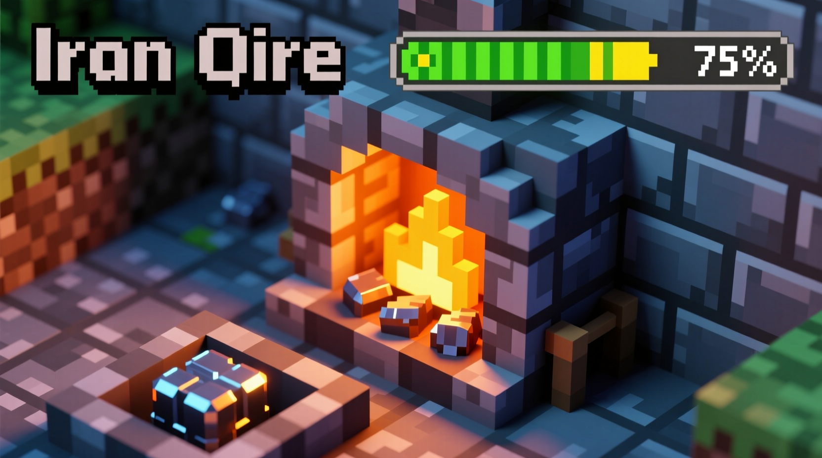 Minecraft furnace interface showing iron ore smelting progress