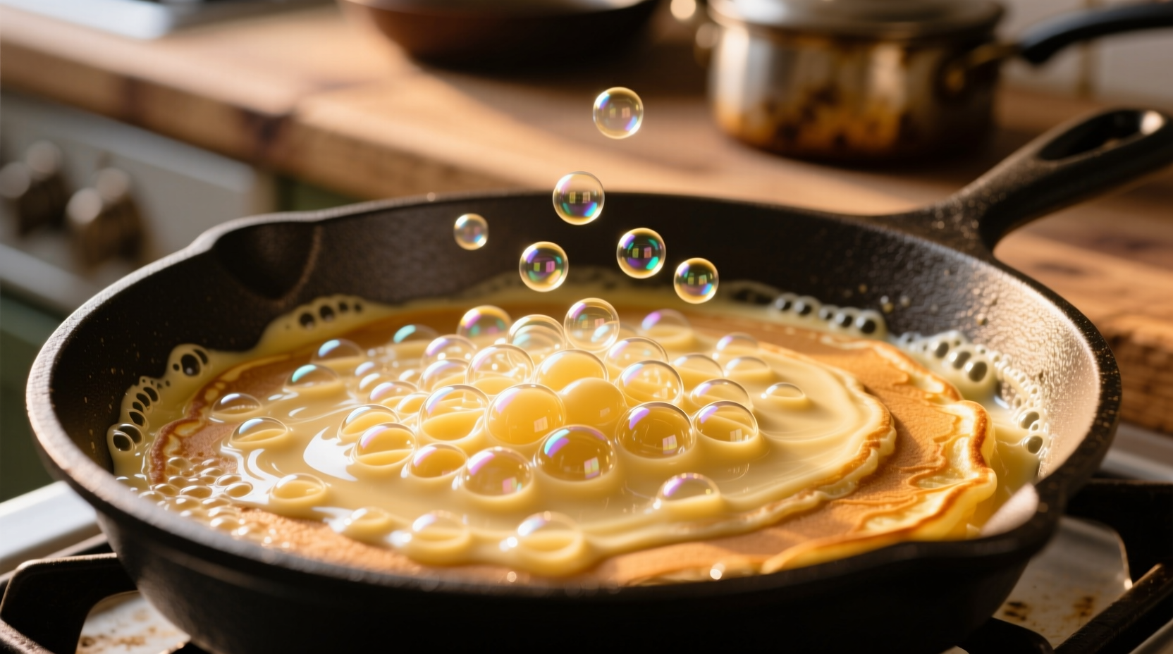 Pancake batter showing perfect bubble formation before flipping