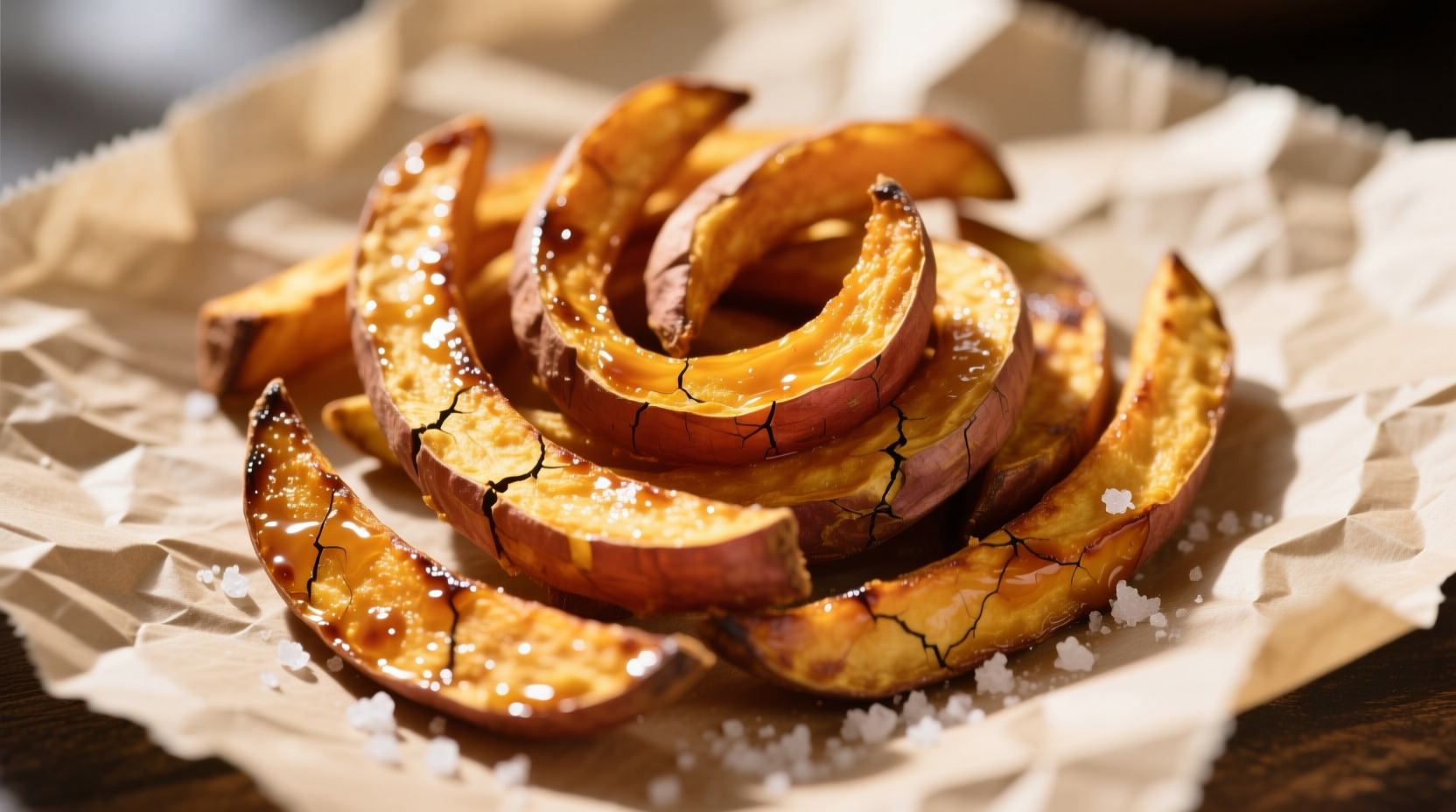 Perfect golden-brown sweet potato fries on parchment paper