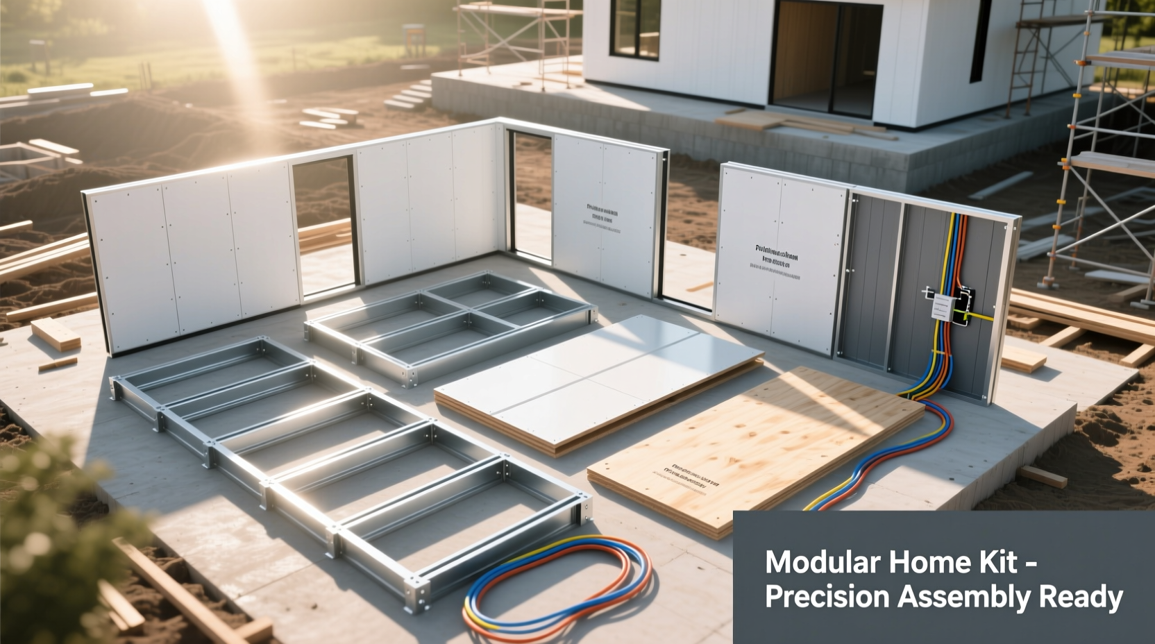 Modern prefabricated house kit components on assembly site