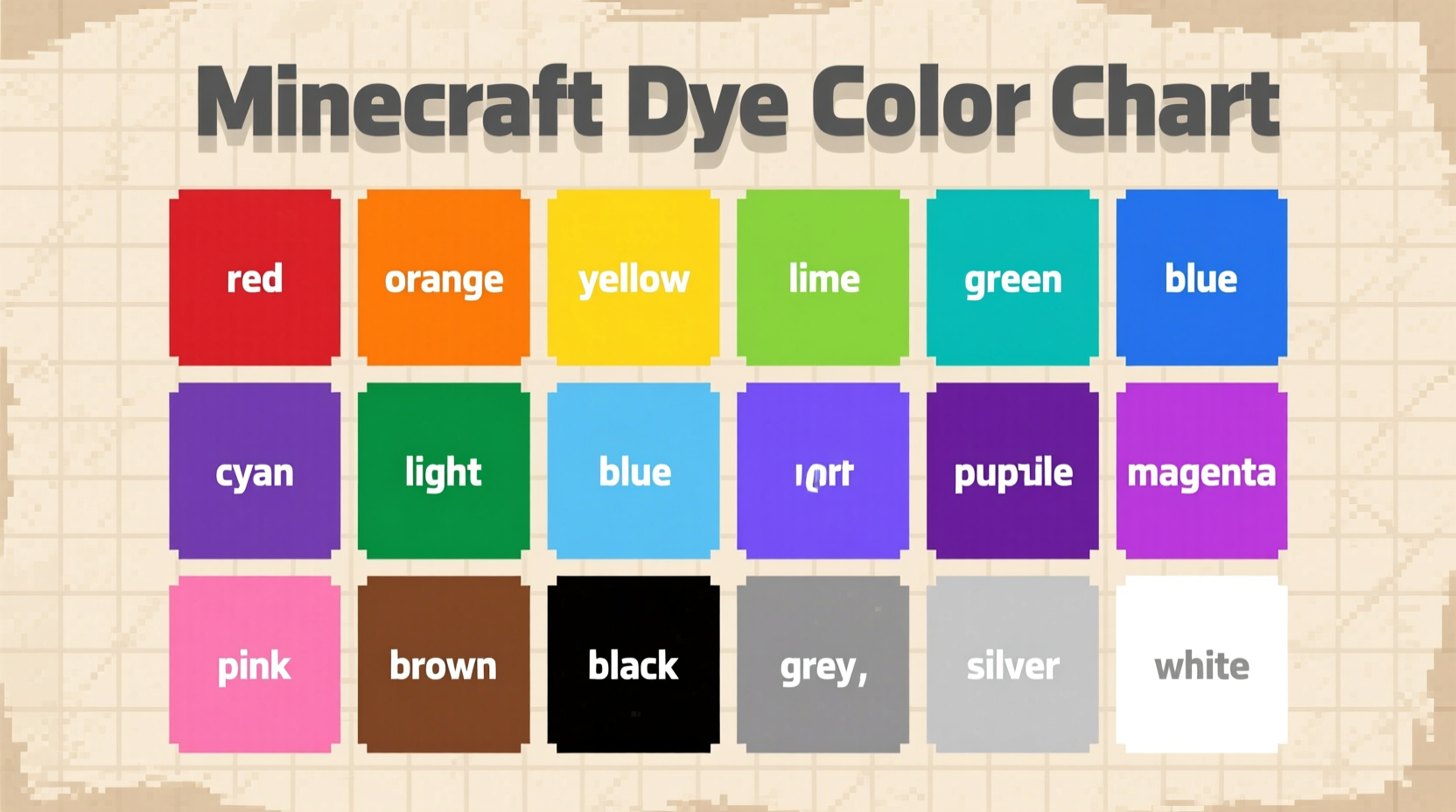 Minecraft dye color chart showing all 16 colors