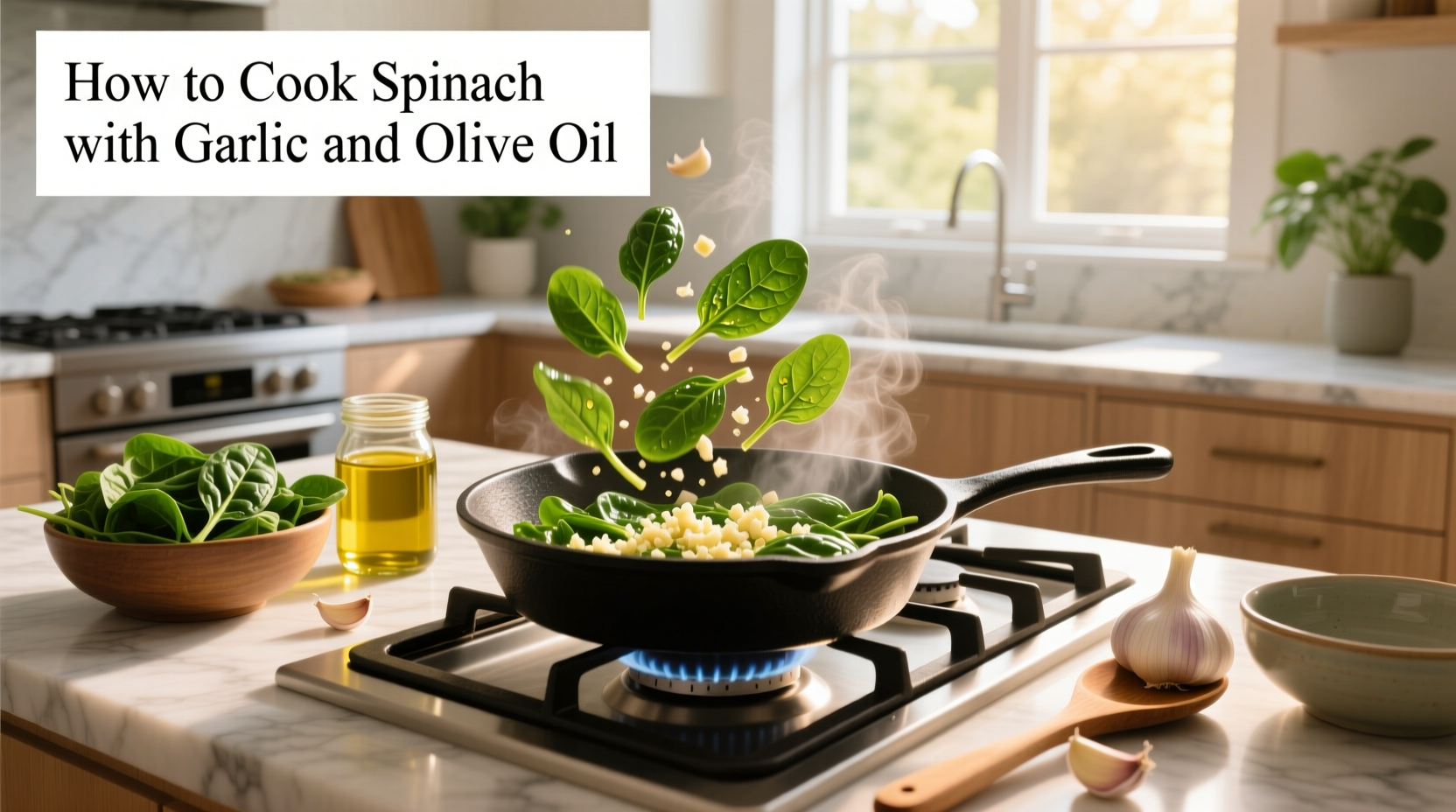 Fresh spinach sizzling in a pan with garlic slices and olive oil