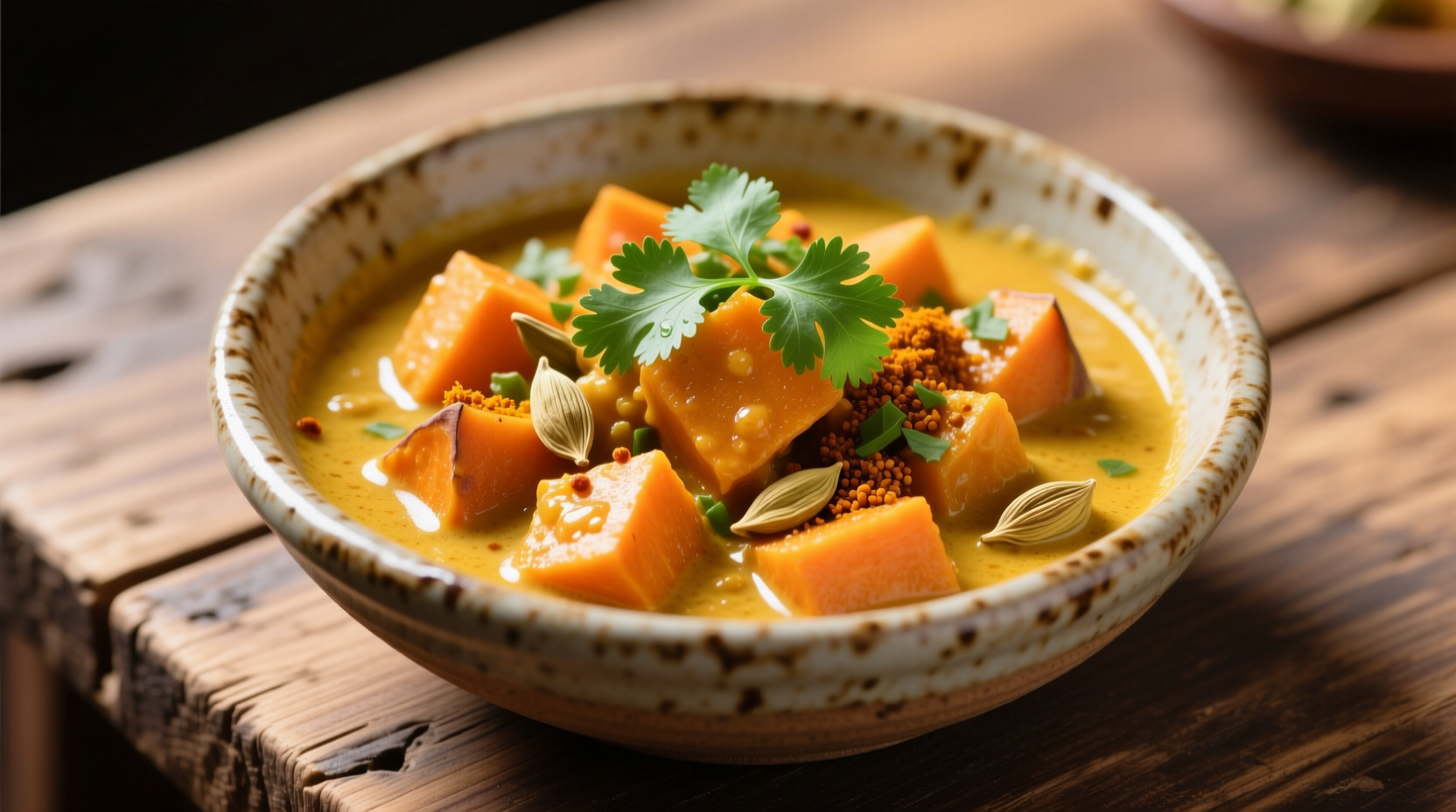 Golden sweet potato curry in ceramic bowl with fresh cilantro