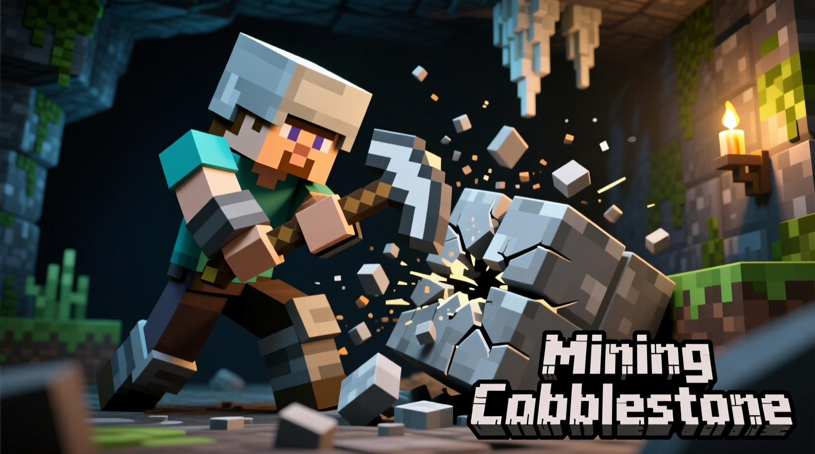Mining cobblestone with stone pickaxe in Minecraft