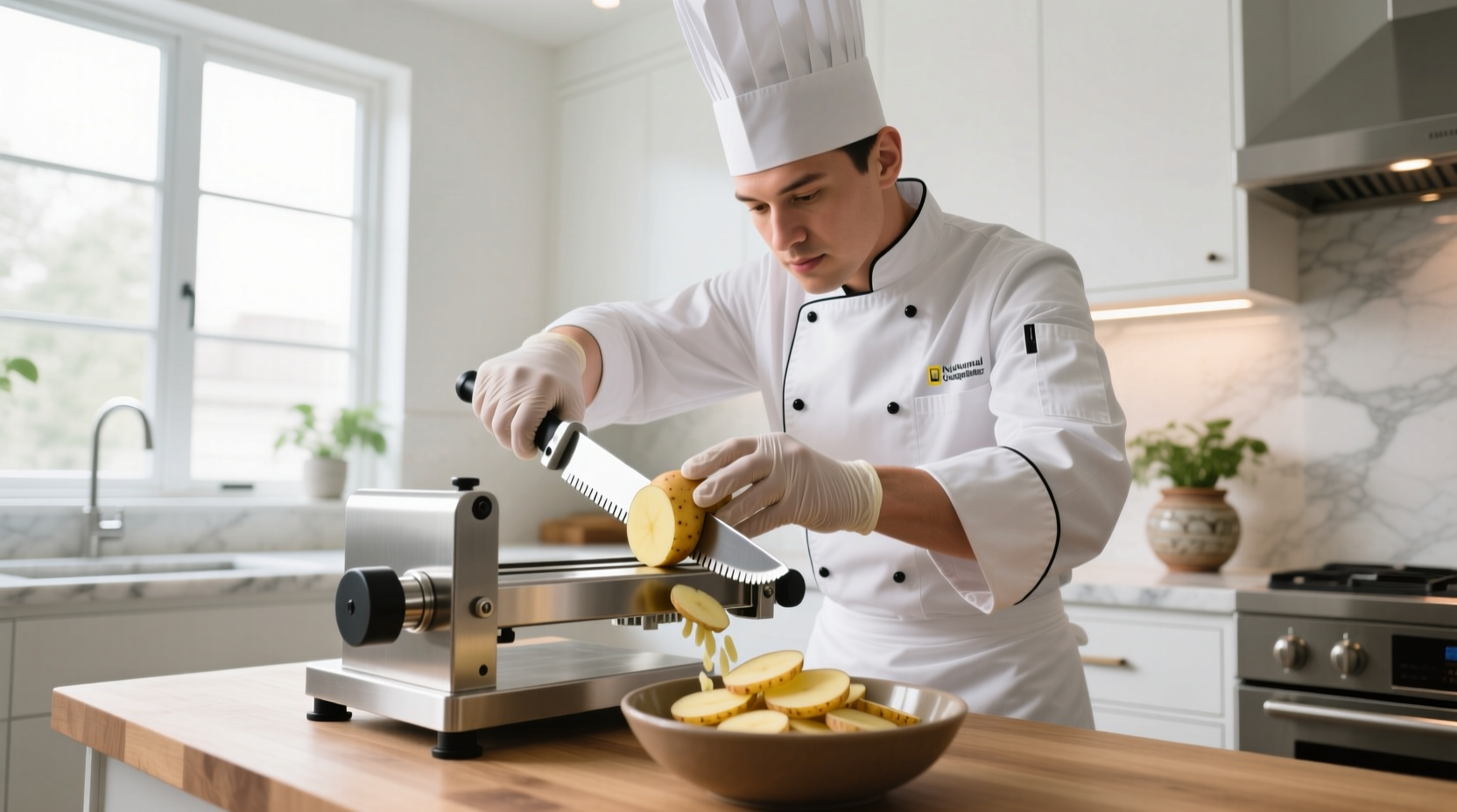 Professional chef using adjustable potato slicer safely