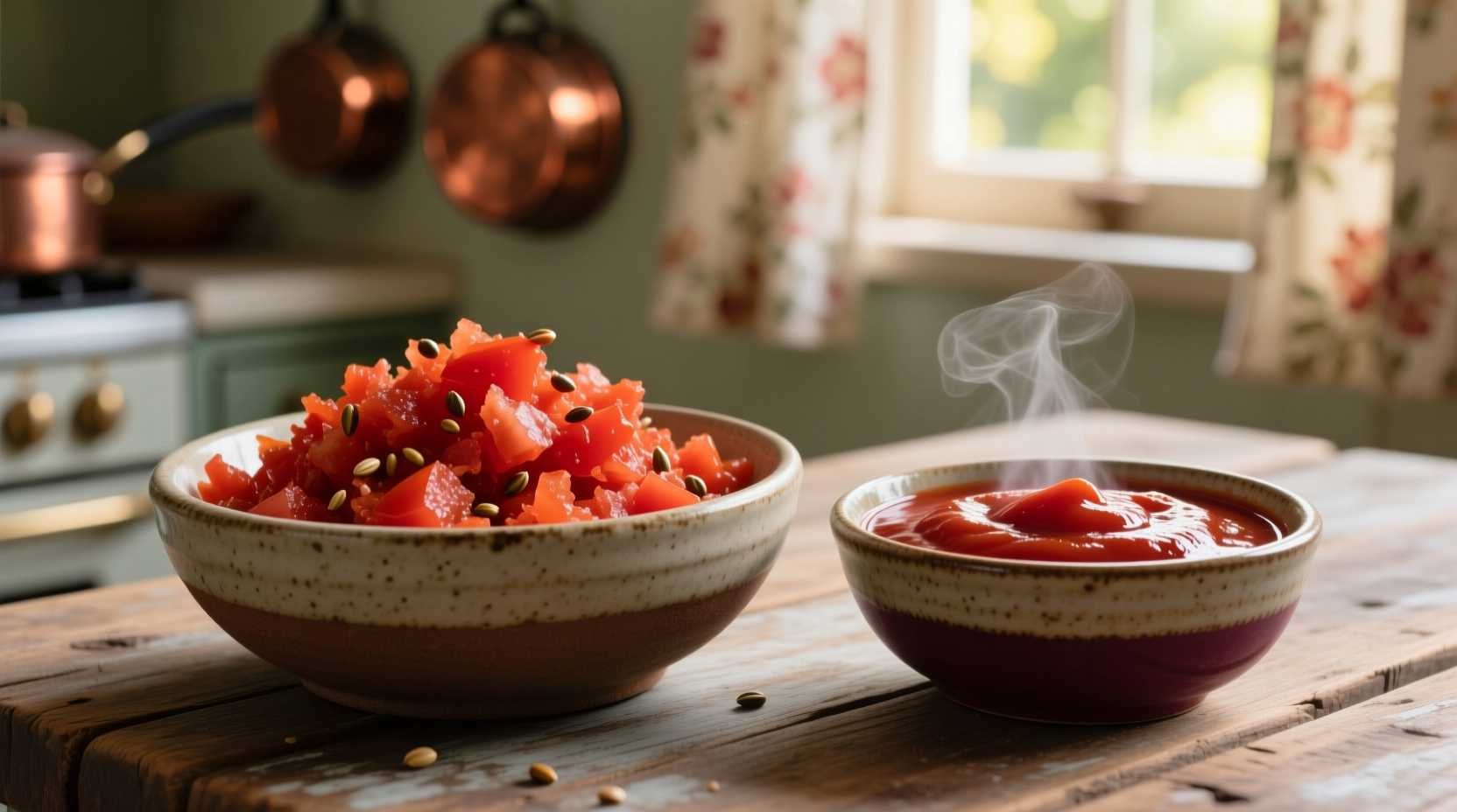 Side-by-side comparison of crushed tomatoes and tomato sauce in bowls