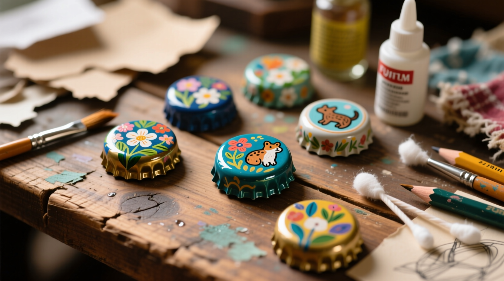 Close-up of painted bottle cap crafts on craft table