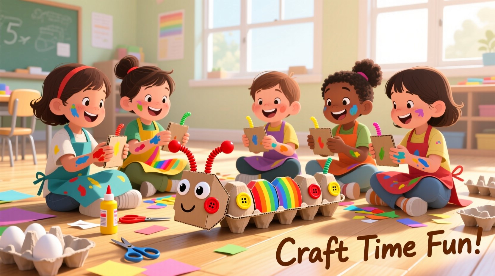 Children creating egg carton caterpillar crafts