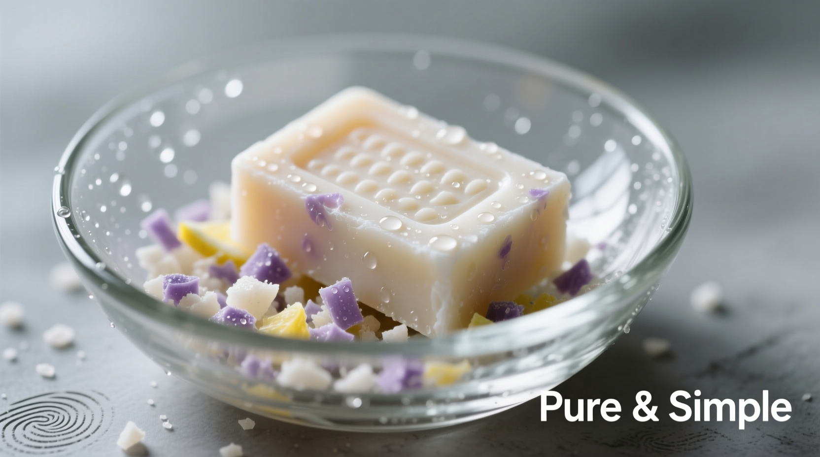 Grated soap bar in glass bowl
