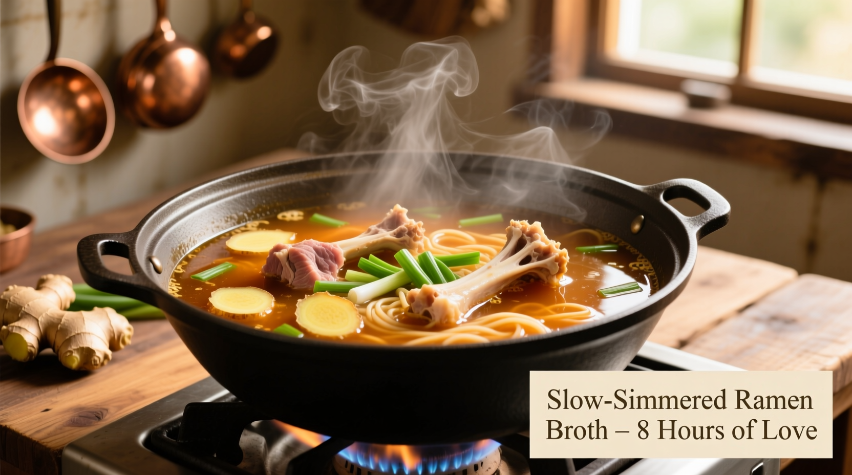 Simmering pork and chicken bones for ramen broth with ginger and green onions