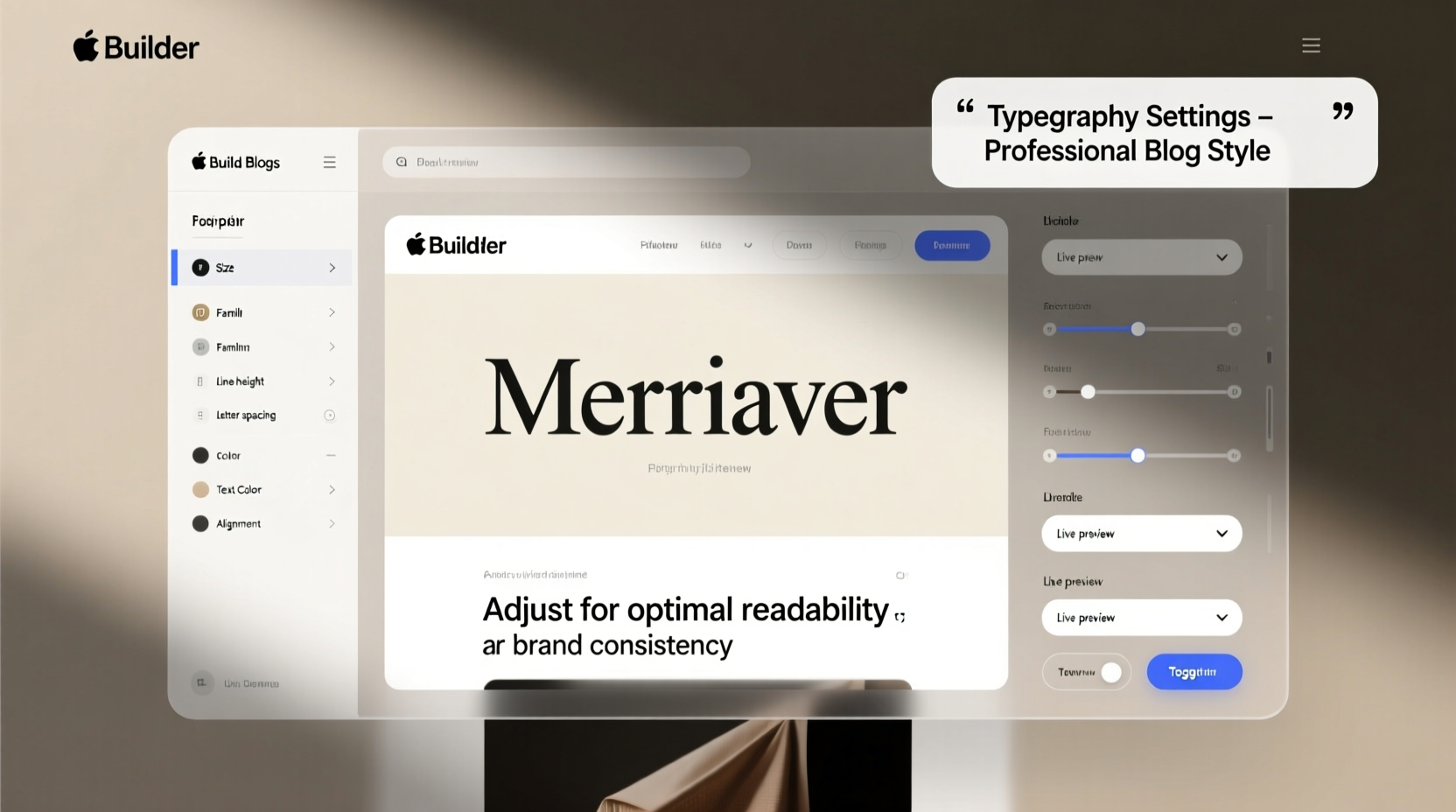 Website builder interface showing typography settings for professional blogs