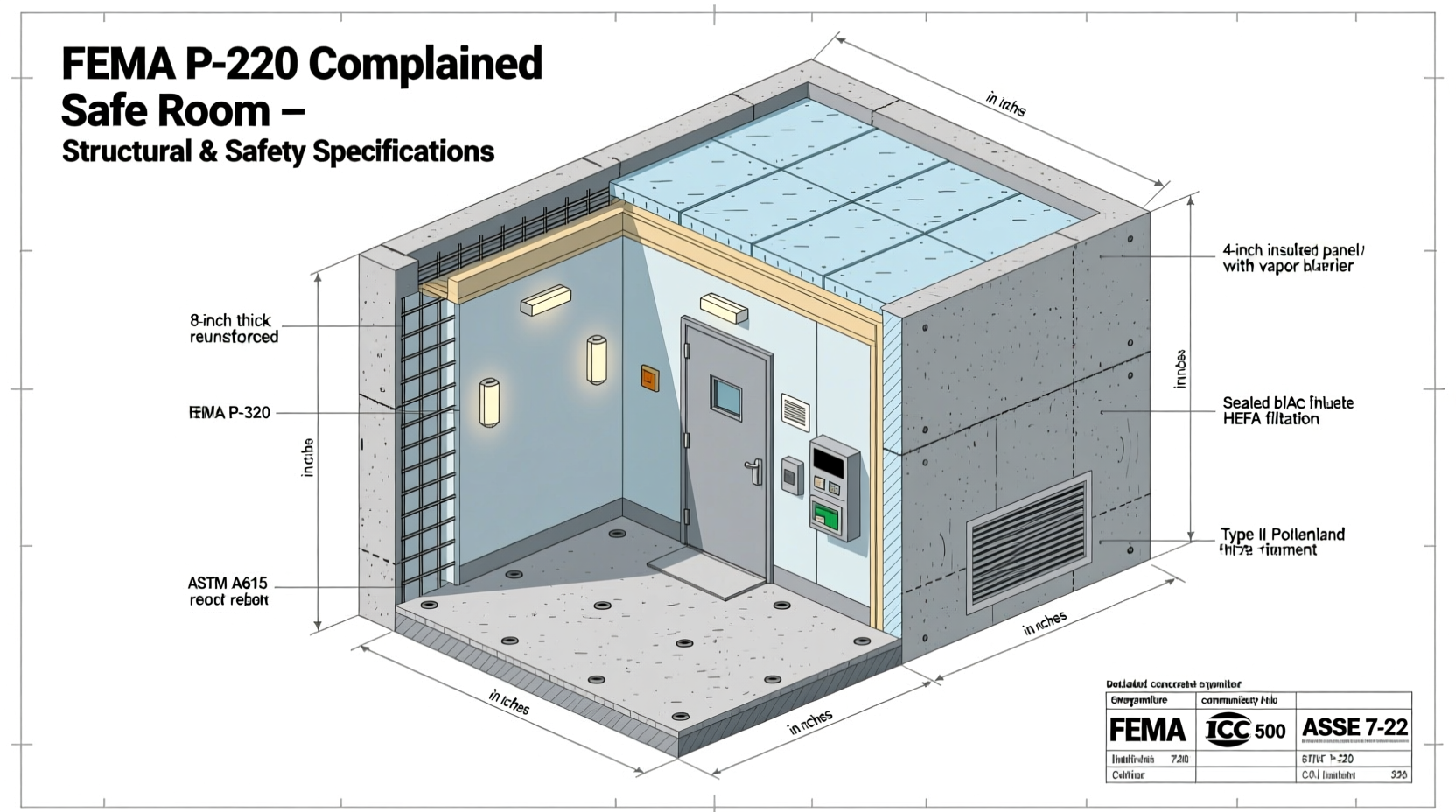 Diagram showing FEMA-compliant above-ground safe room construction details