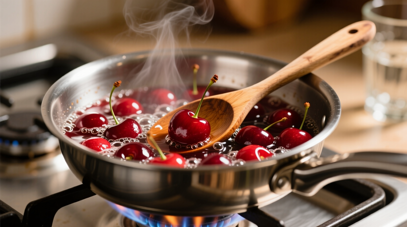 Cherries simmering in saucepan with wooden spoon