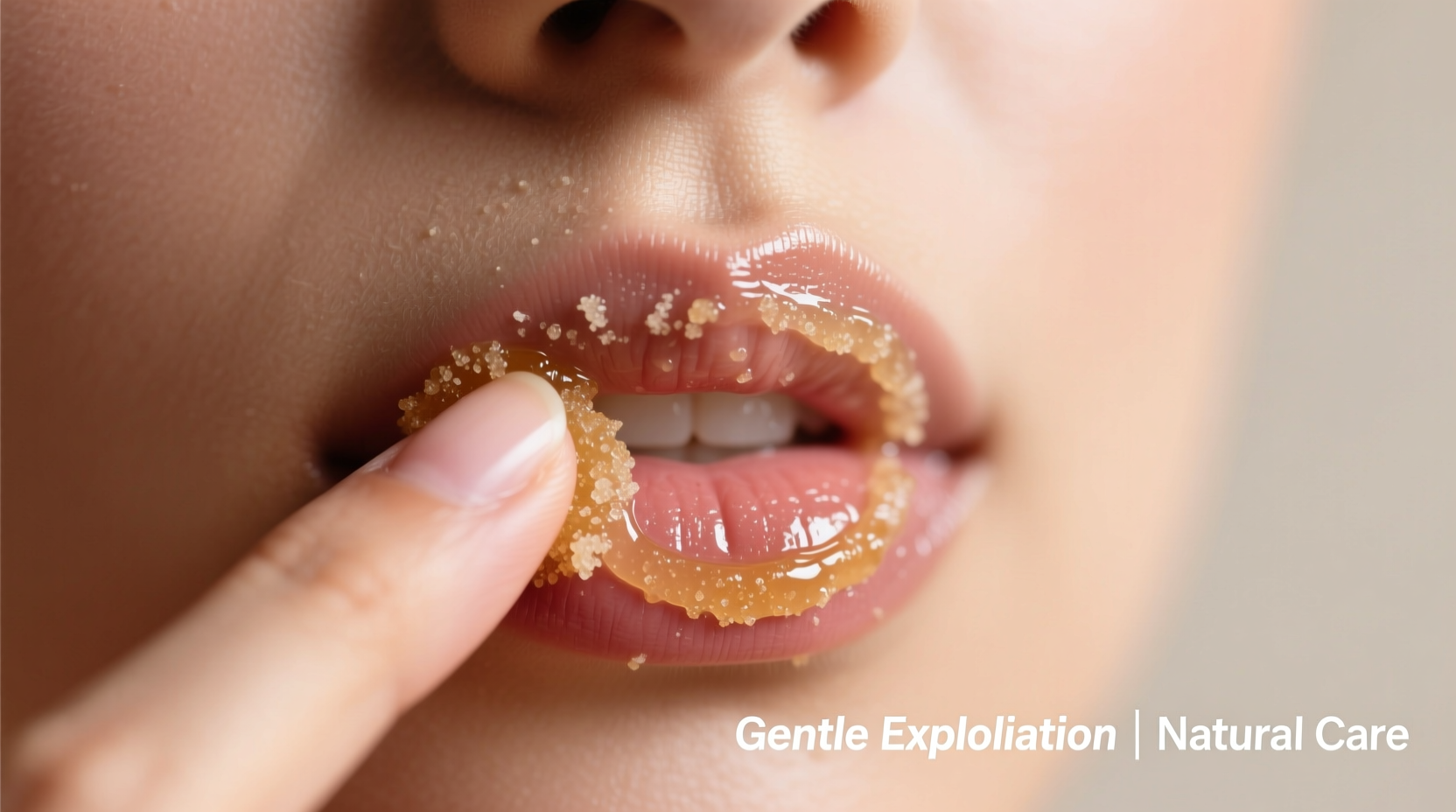 Applying natural lip scrub with fingertip in circular motion