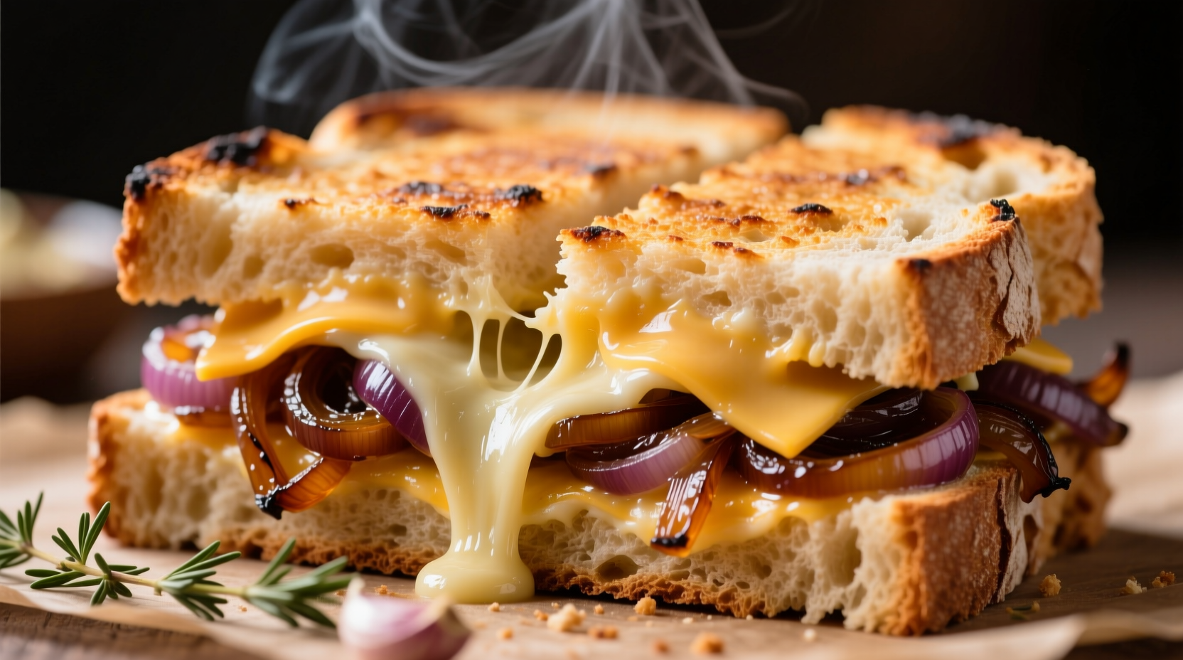 French onion dip sandwich on rustic bread with melted cheese