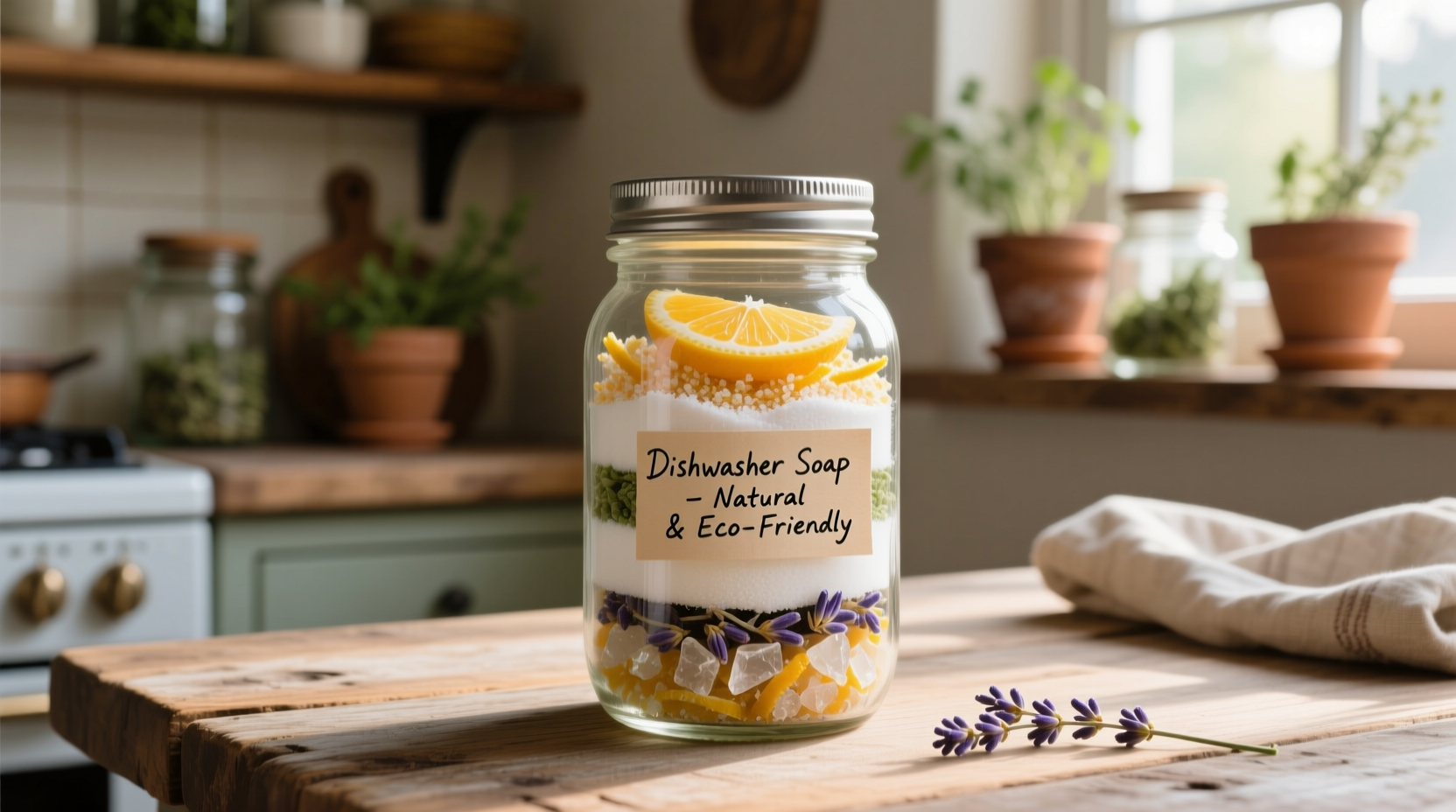 Homemade dishwasher soap ingredients in mason jar