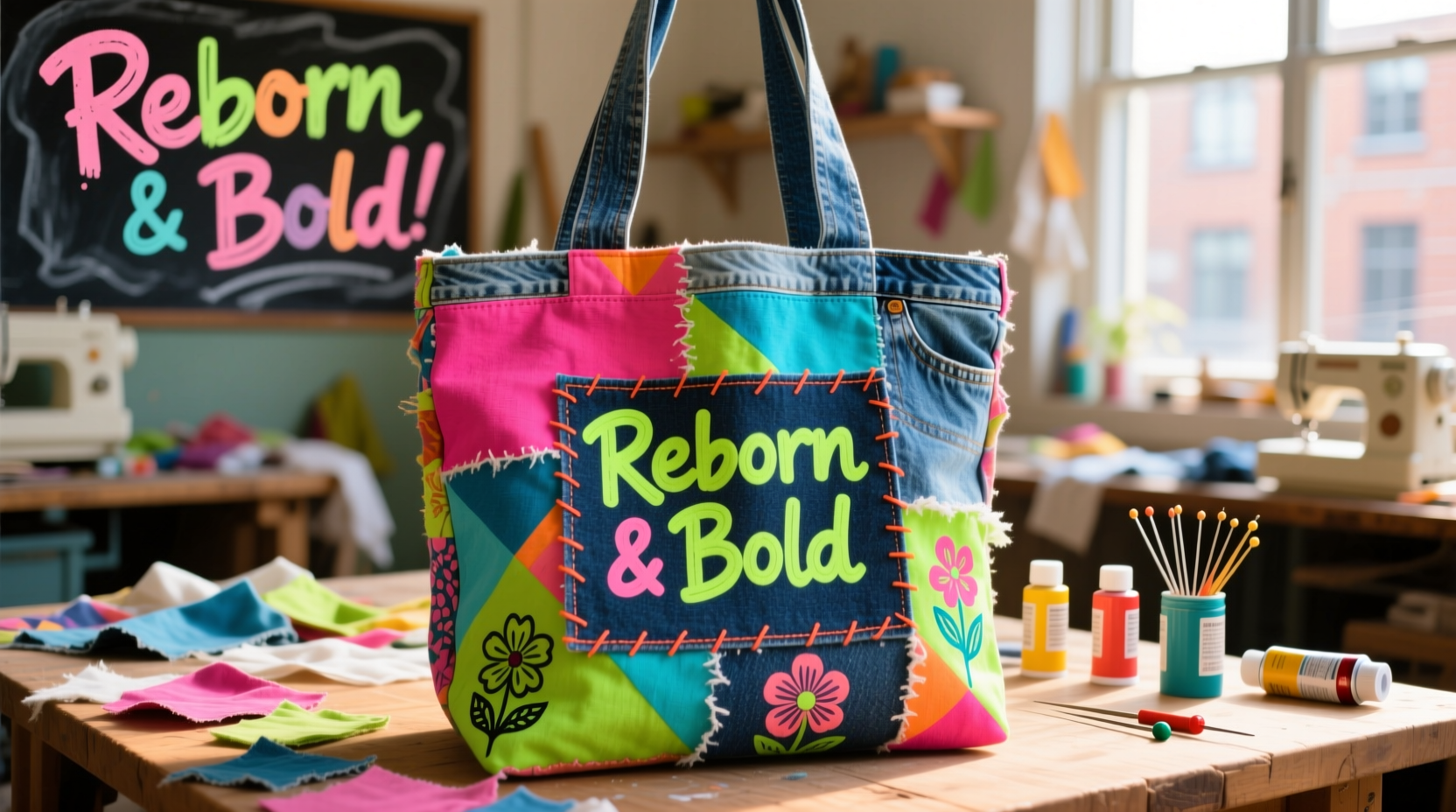 Colorful DIY clothing projects including upcycled tote bag