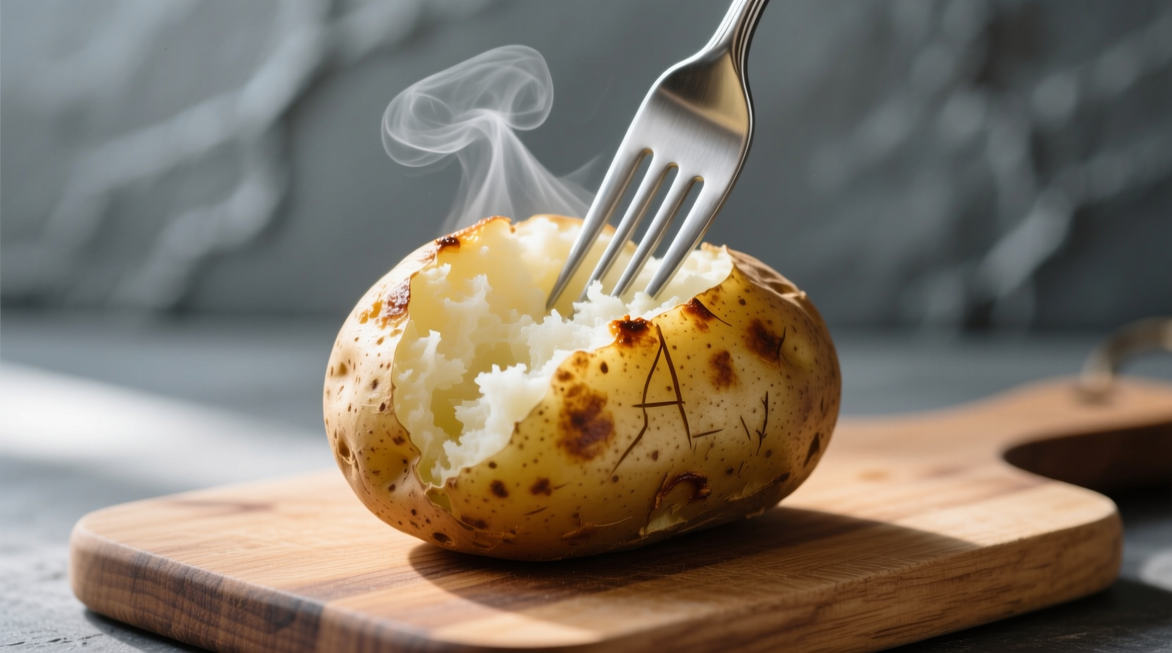 Perfectly cooked microwave baked potato with fork piercing marks