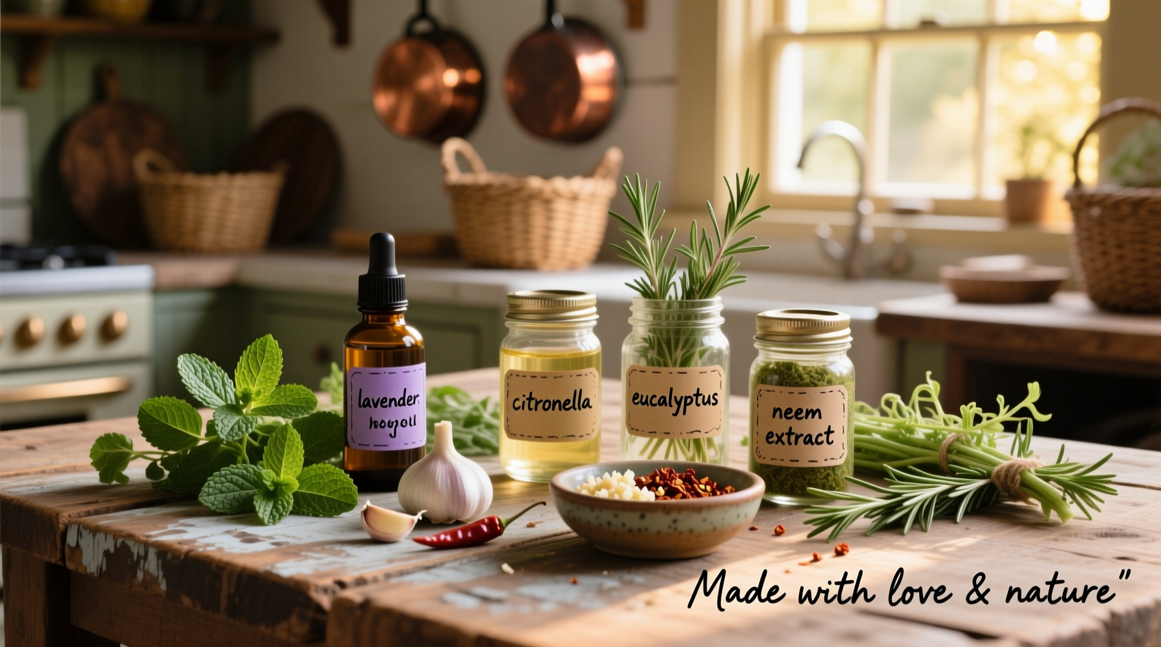 Homemade bug repellent ingredients on wooden table