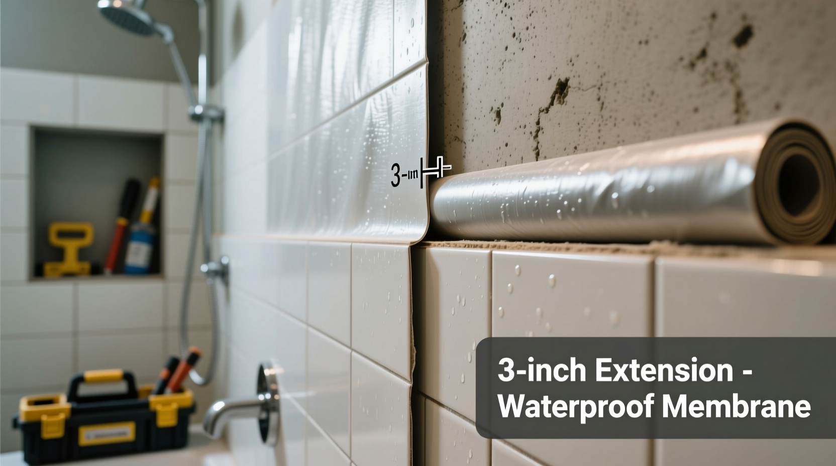 Waterproof membrane application on shower walls showing 3 inch extension