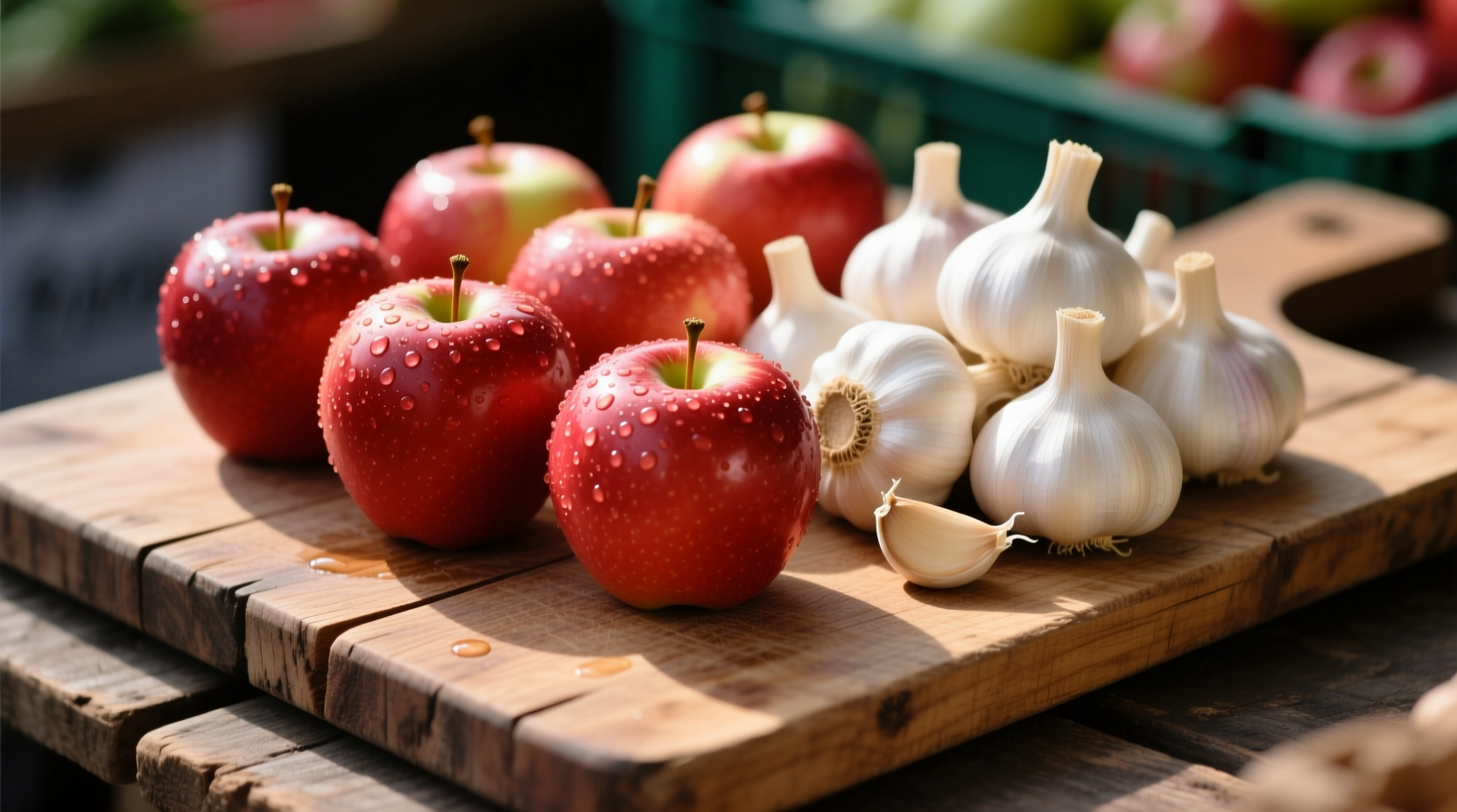 Fresh apples and garlic cloves on wooden cutting board