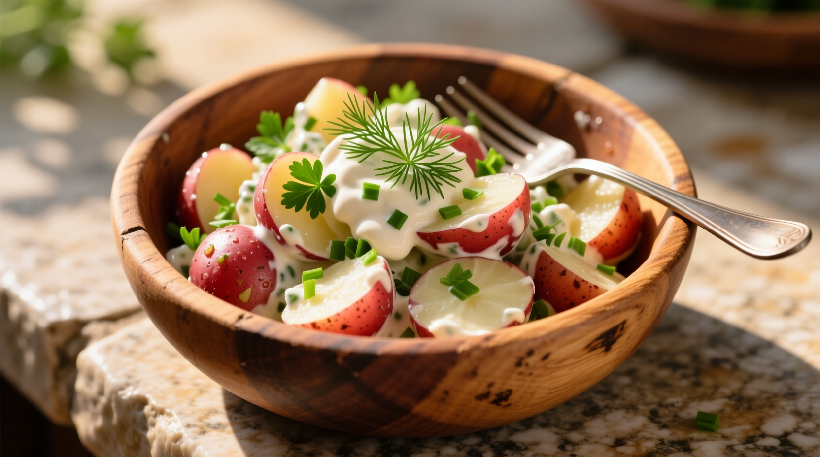 Creamy red potato salad with fresh herbs in wooden bowl