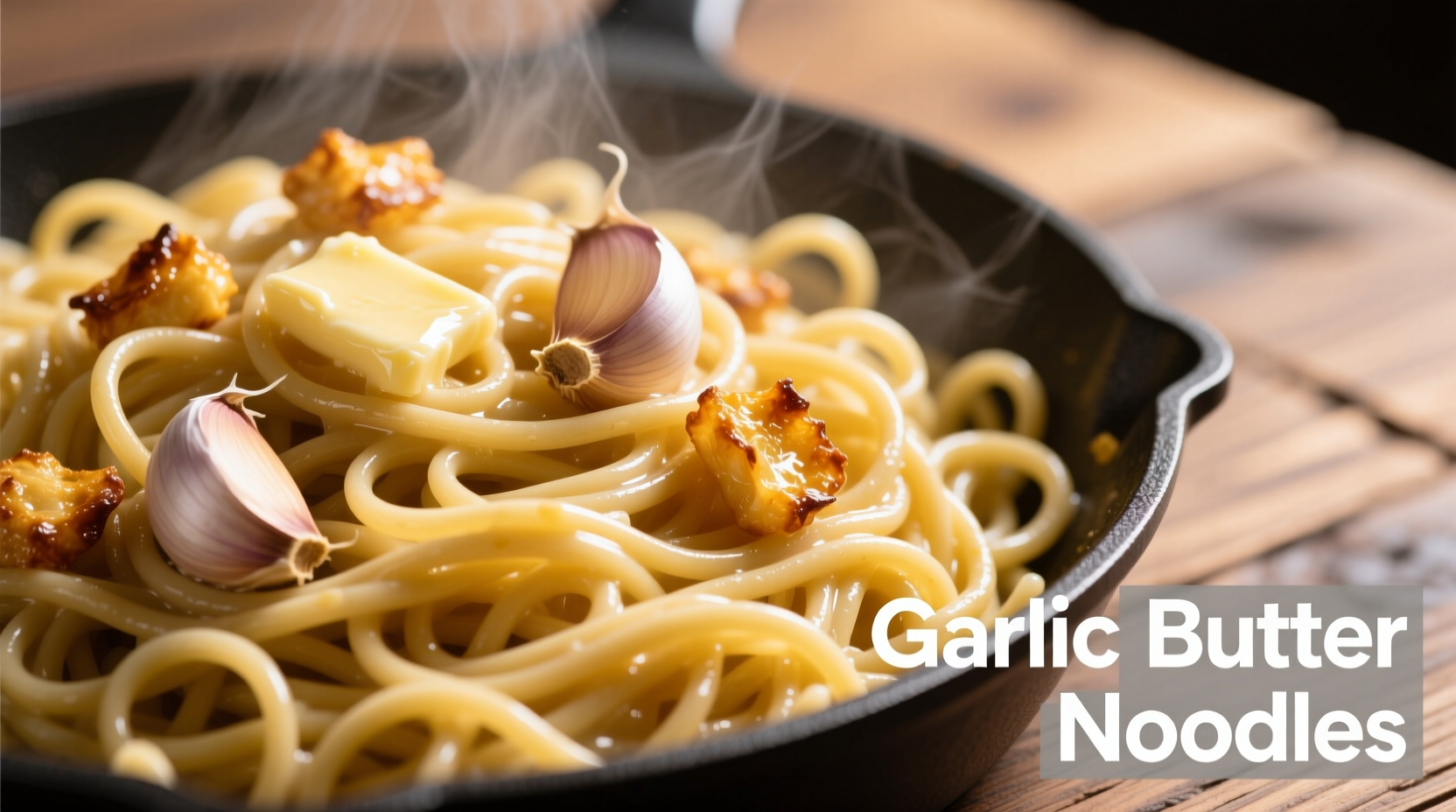 Freshly tossed garlic butter noodles with visible garlic pieces
