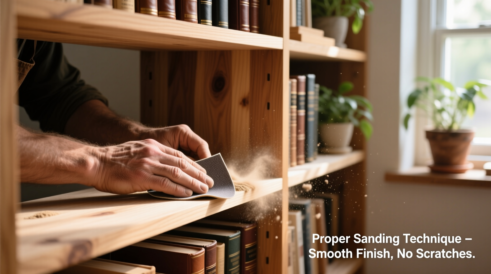 Hand sanding book nook shelves with proper technique demonstration