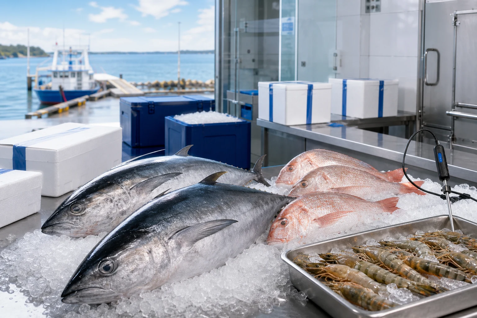Illustrative seafood cold-chain preparation for international shipment
