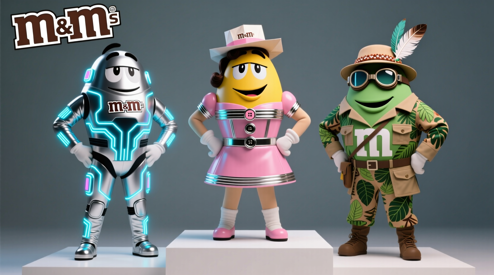 Three customized M&M costume variations on display