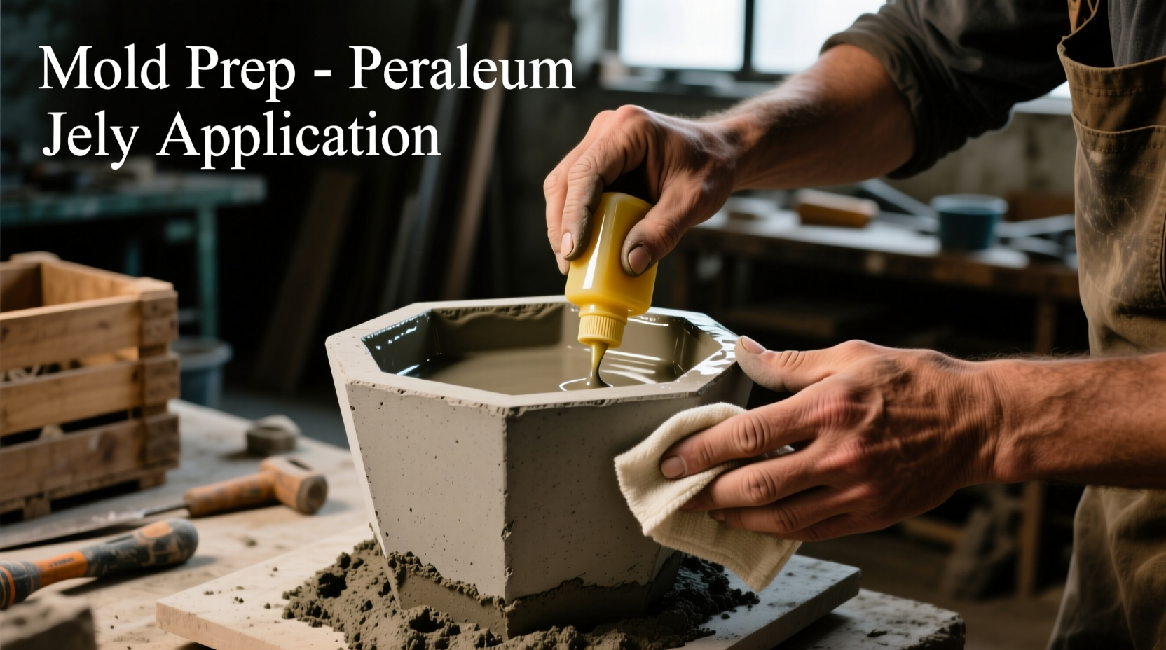 Hands sealing plastic mold with petroleum jelly for concrete planter