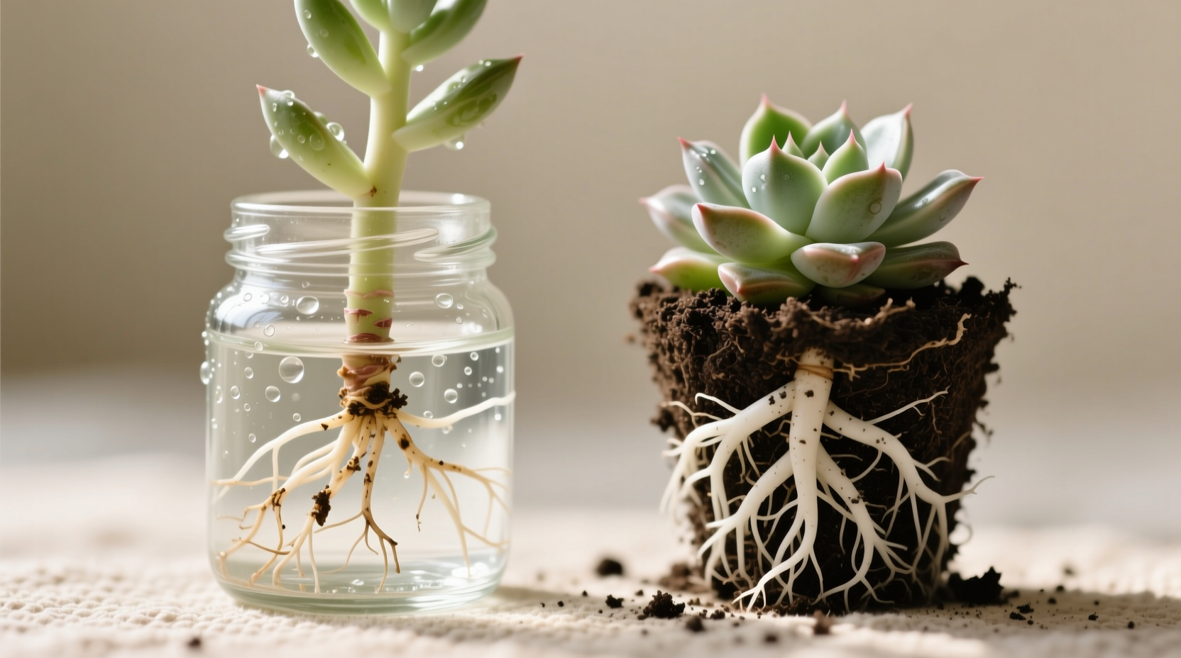 Summer propagation attempt showing fragile water roots vs sturdy soil roots - why succulents fail after transfer