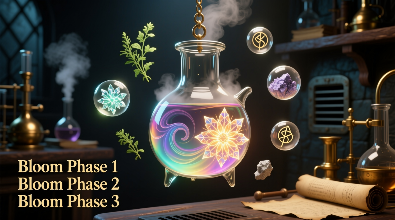 Potion Craft professional workflow showing bloom timing stages