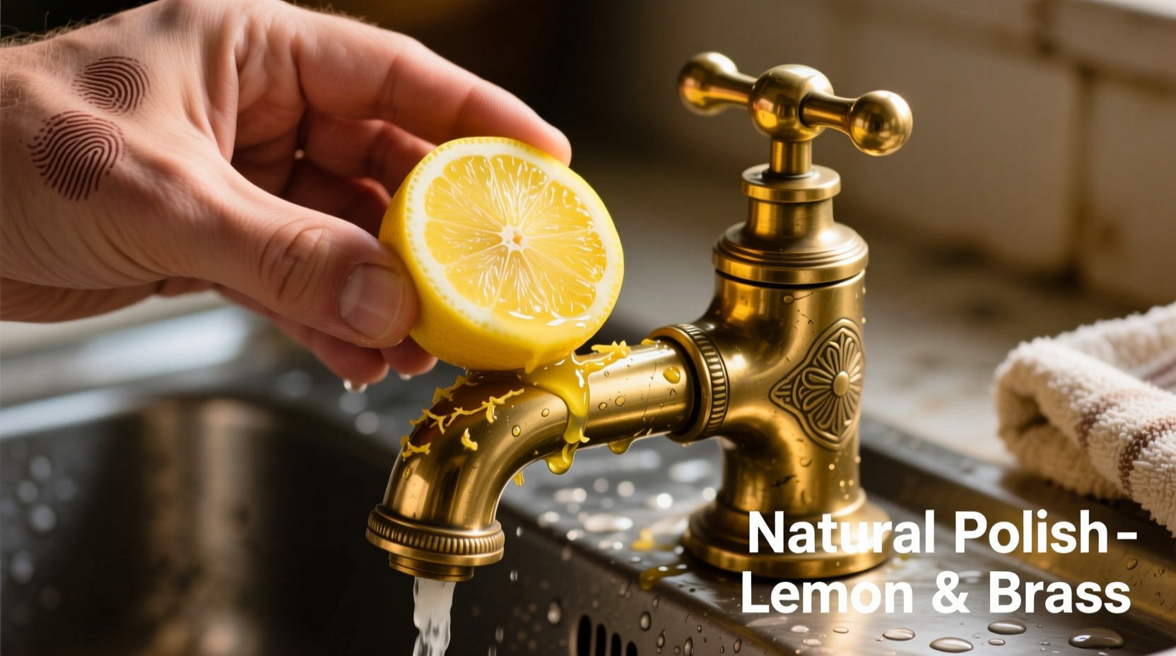 Hand polishing brass faucet with lemon half