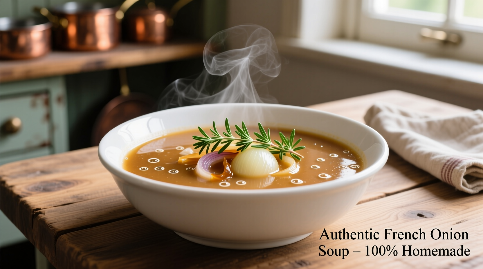 Healthy French onion soup in white bowl with fresh thyme