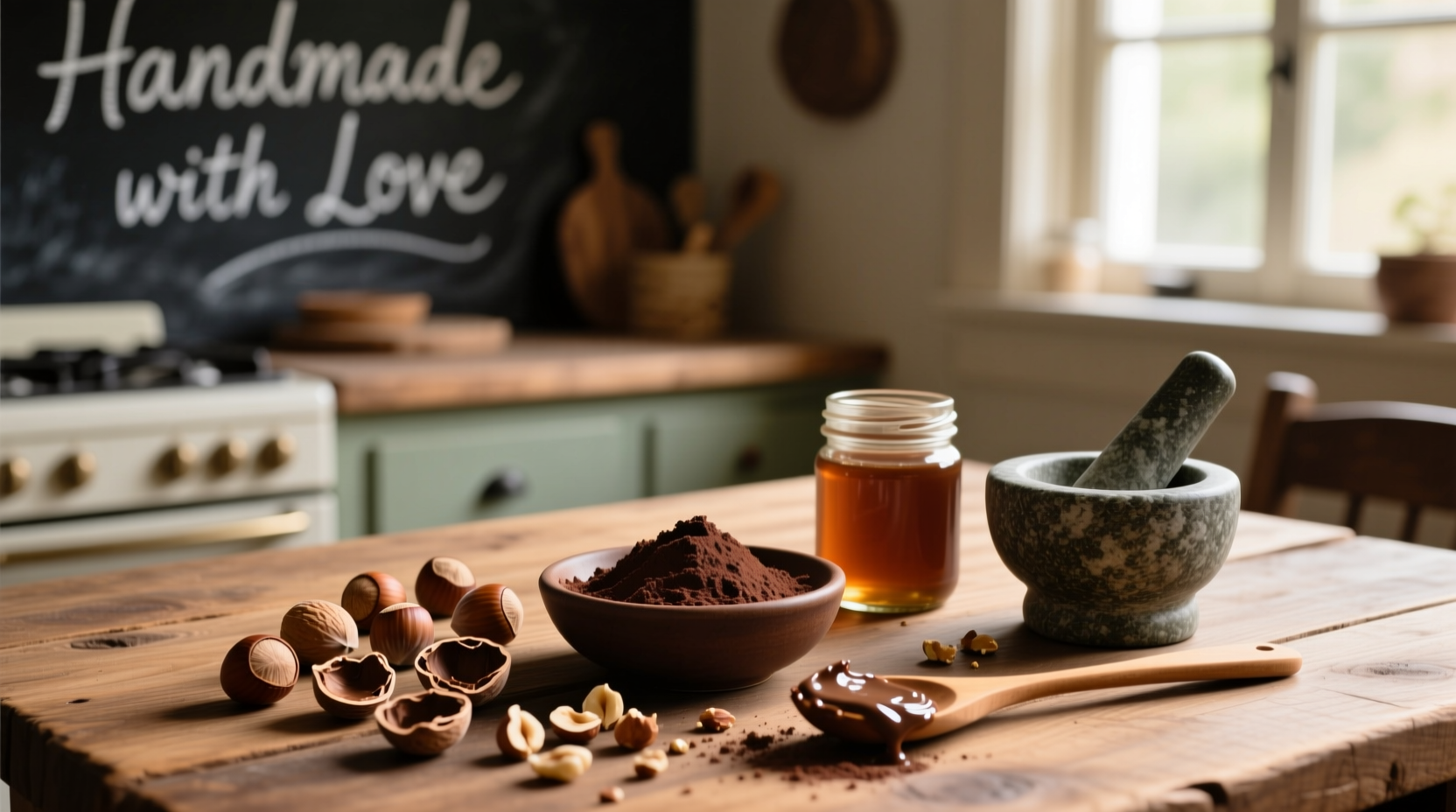 Homemade Nutella ingredients on wooden table