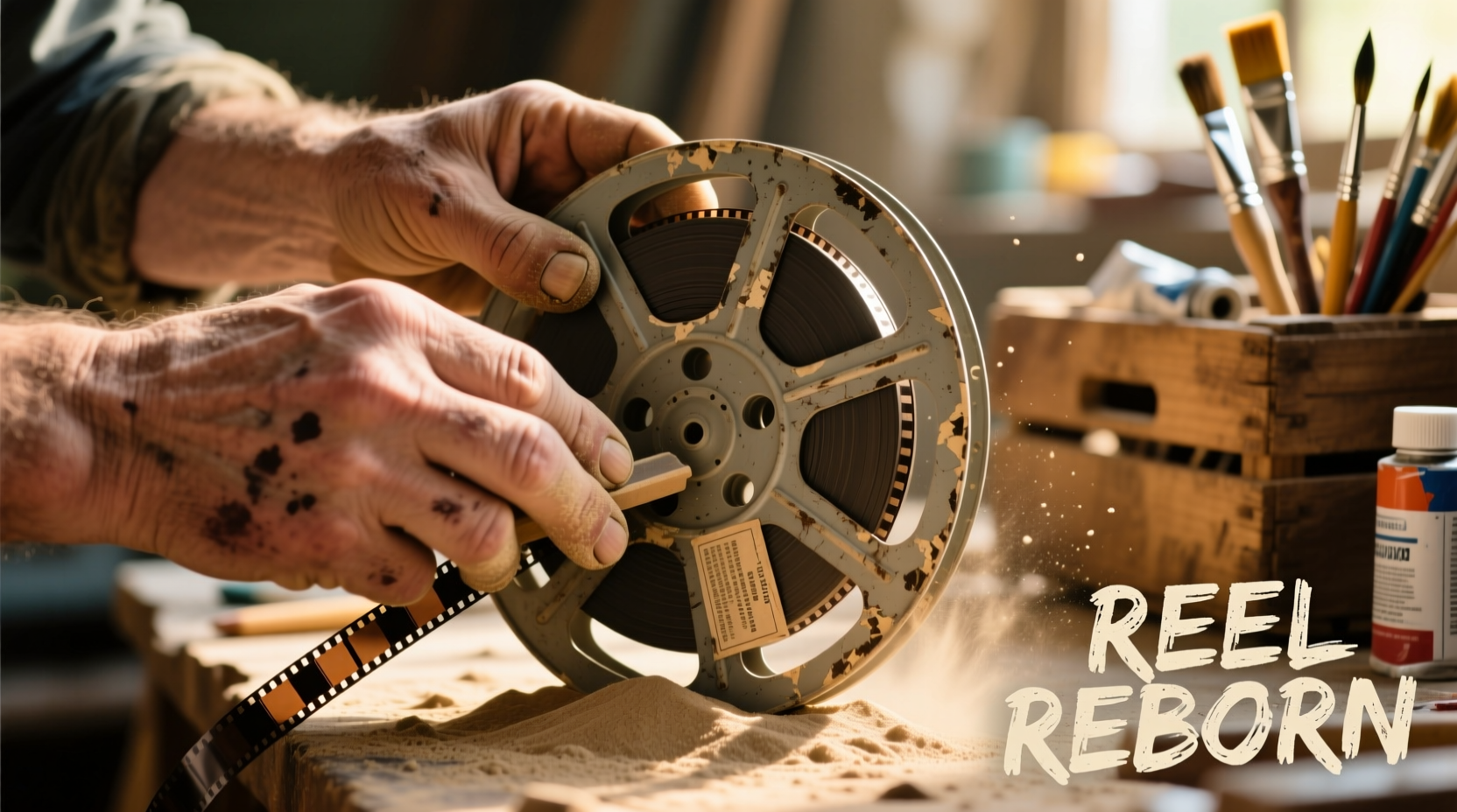 Close-up of hands sanding a vintage film reel before painting