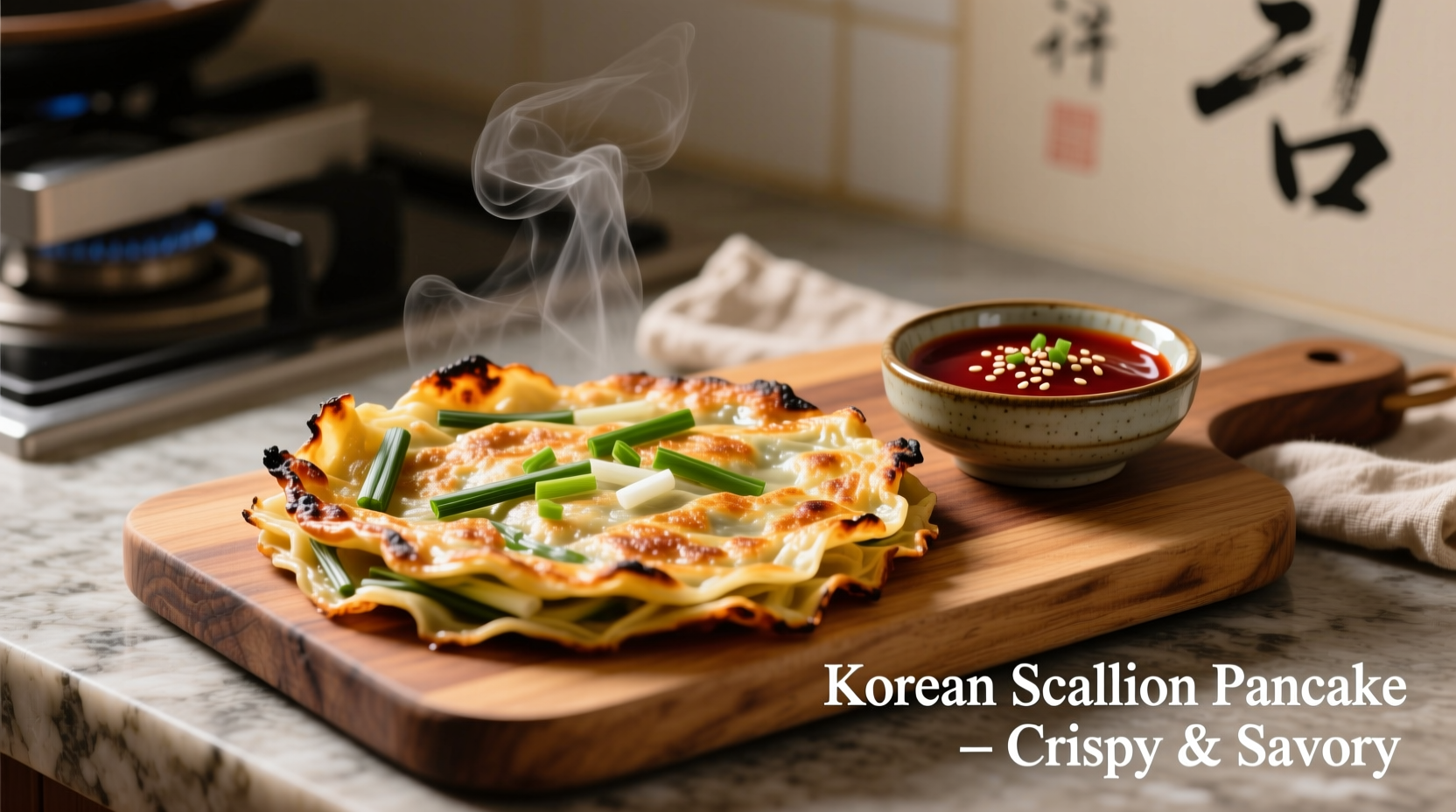 Crispy Korean spring onion pancake served with dipping sauce