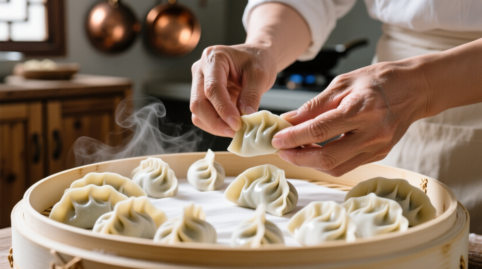 Hands folding perfect crescent-shaped dumplings