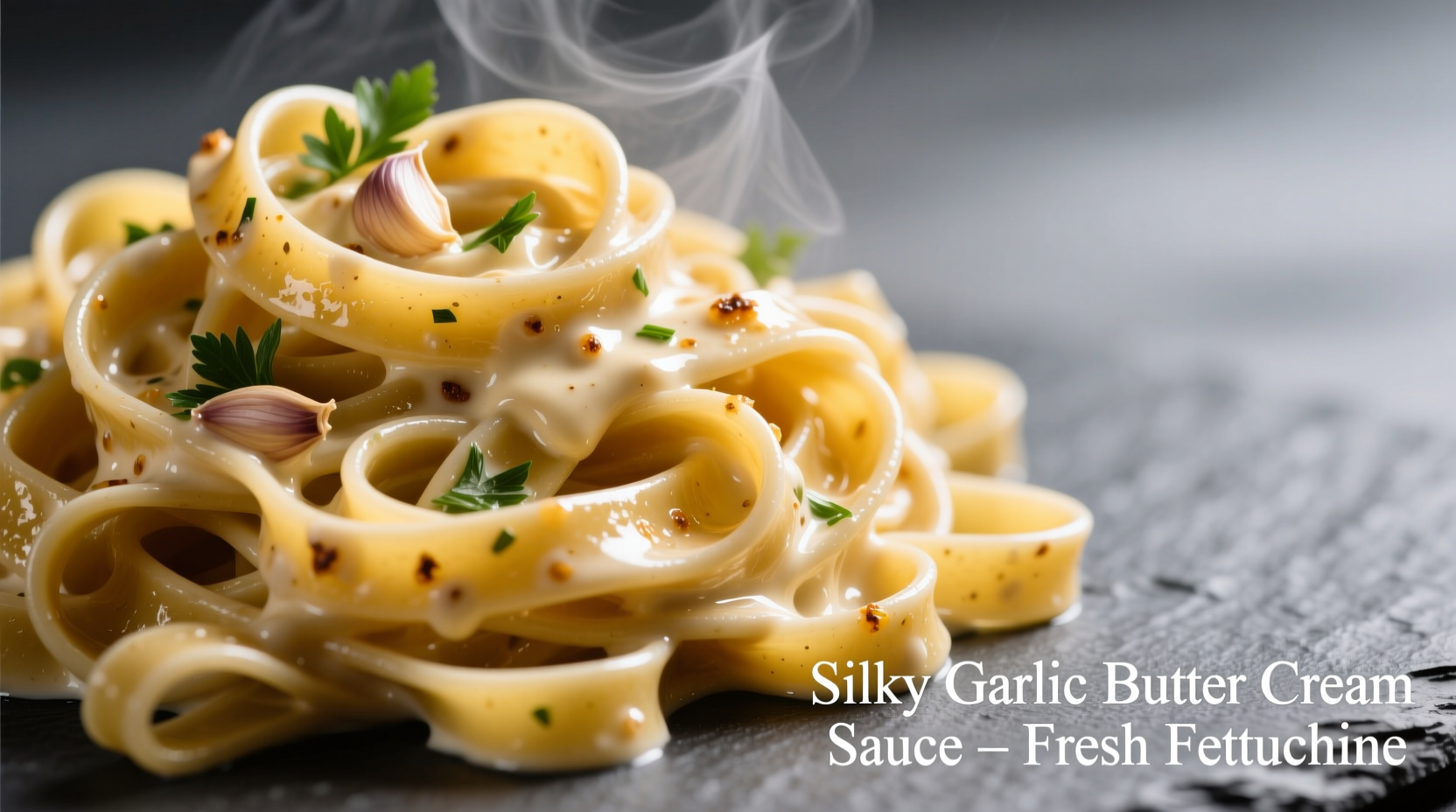 Silky garlic butter cream sauce coating fresh fettuccine