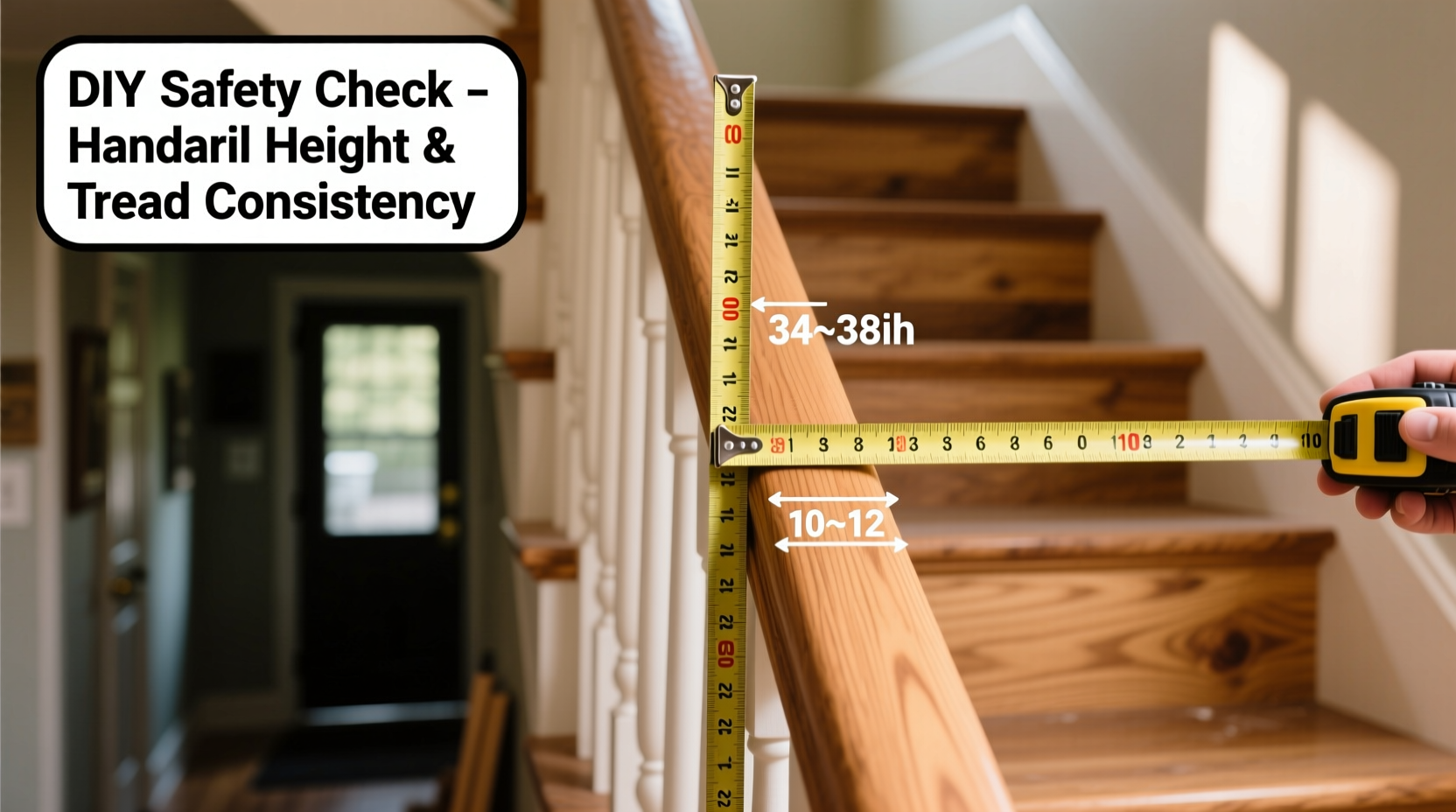 DIY stair safety inspection showing proper handrail height and tread consistency