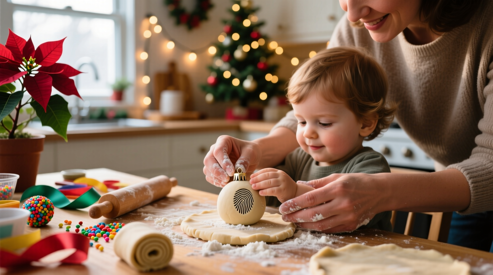 Child's hands making salt dough Christmas ornament with parent