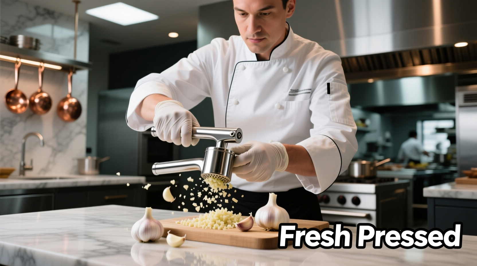 Professional chef using stainless garlic press
