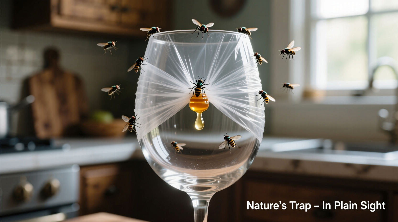 Wine glass with plastic wrap fly trap