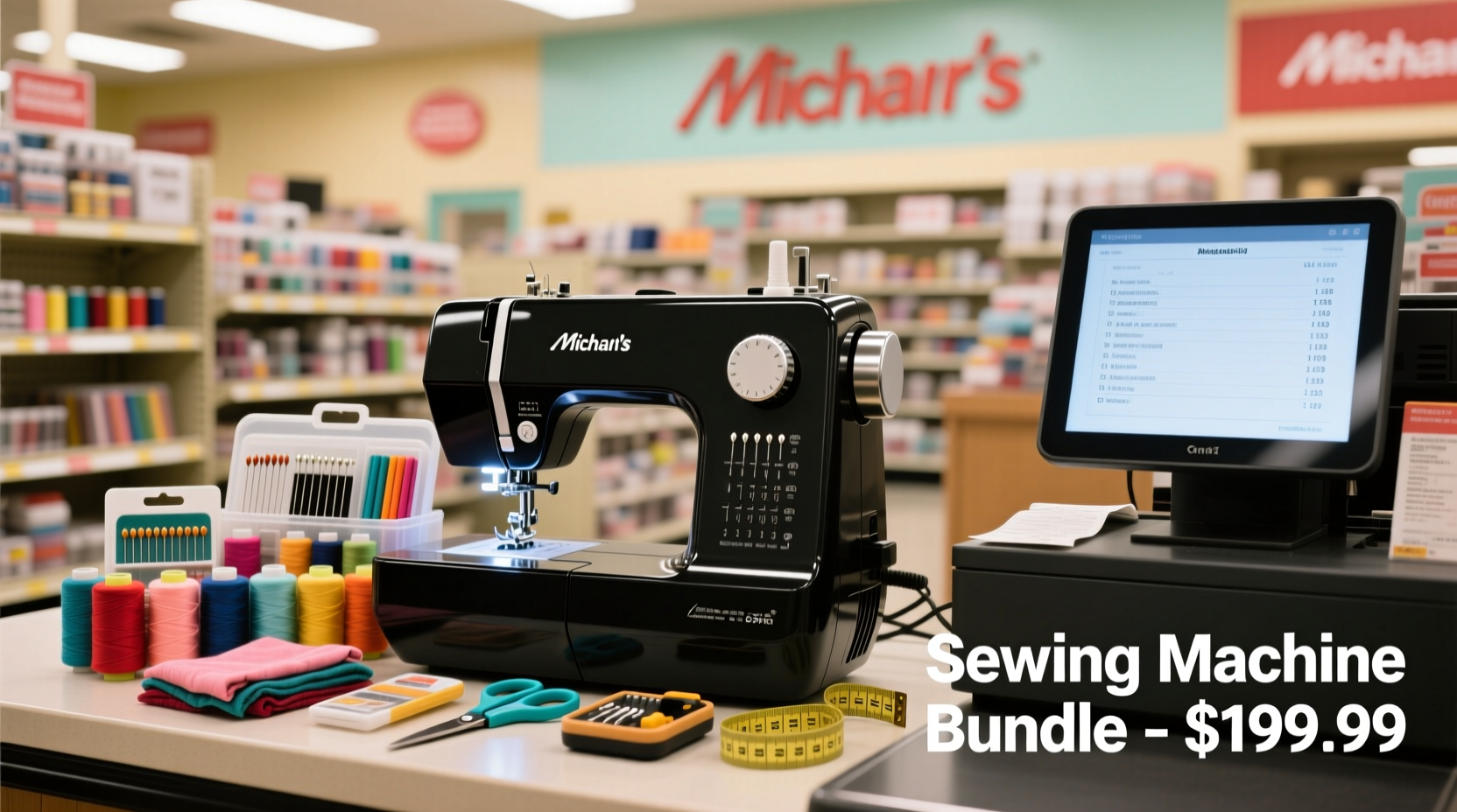 Sewing machine bundle with accessories at Michaels checkout