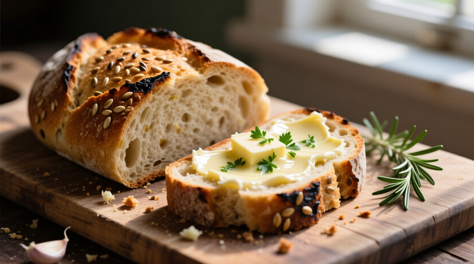 Homemade garlic bread with whole grain bread