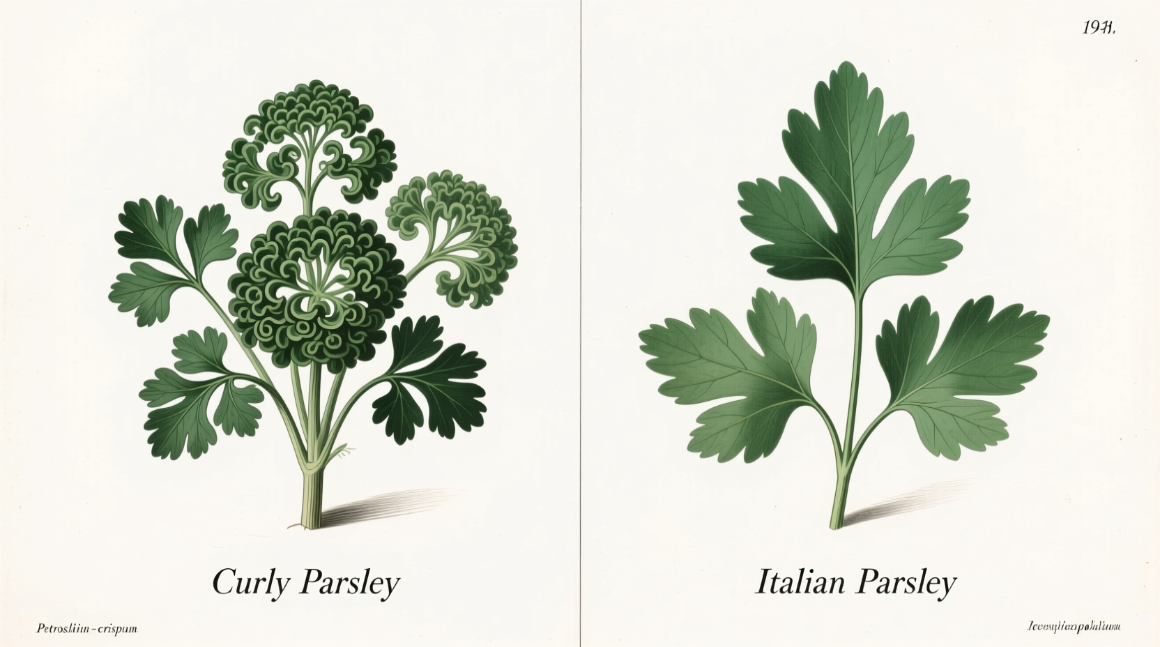 Side-by-side comparison of curly and Italian parsley varieties