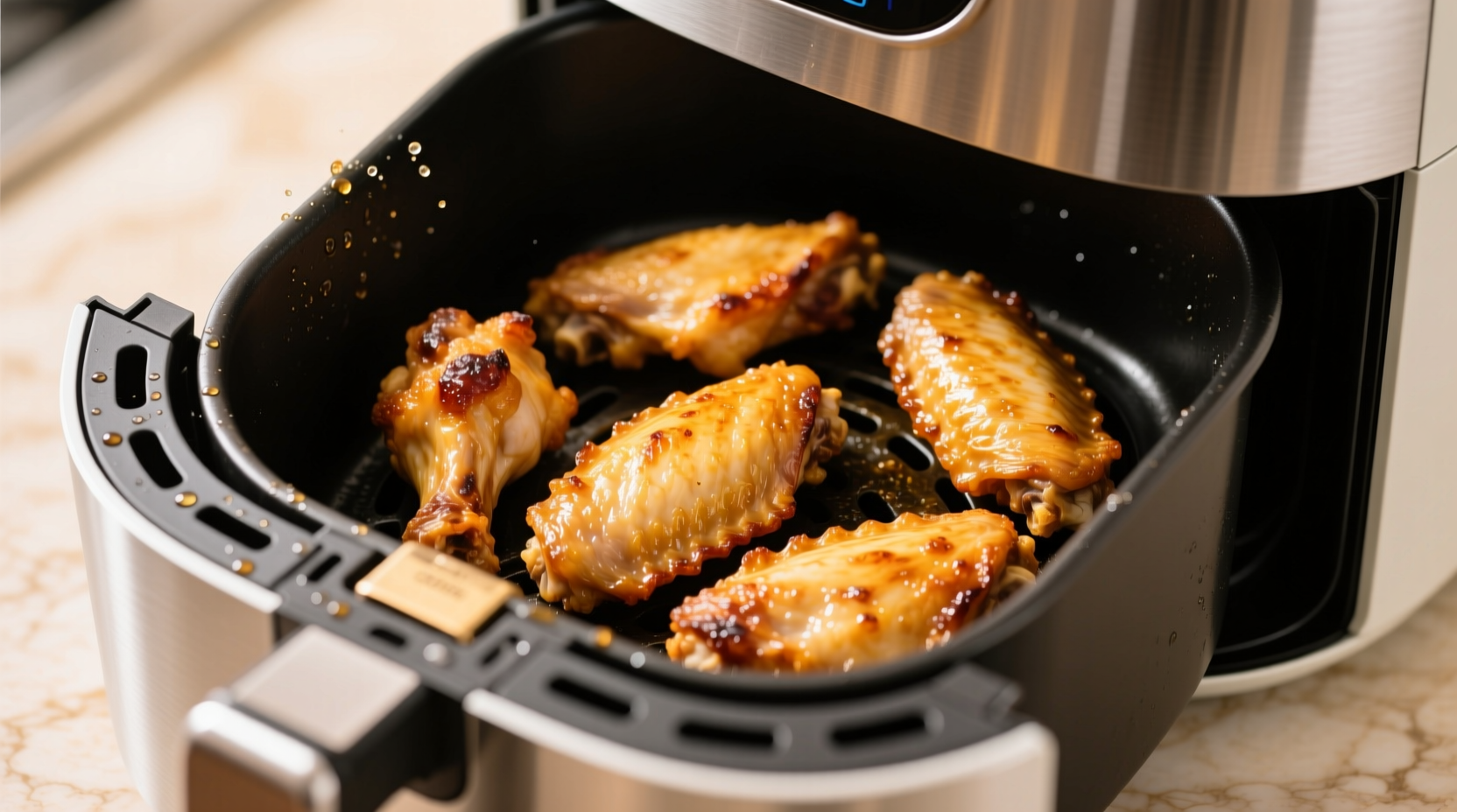 Golden brown chicken wings in air fryer basket
